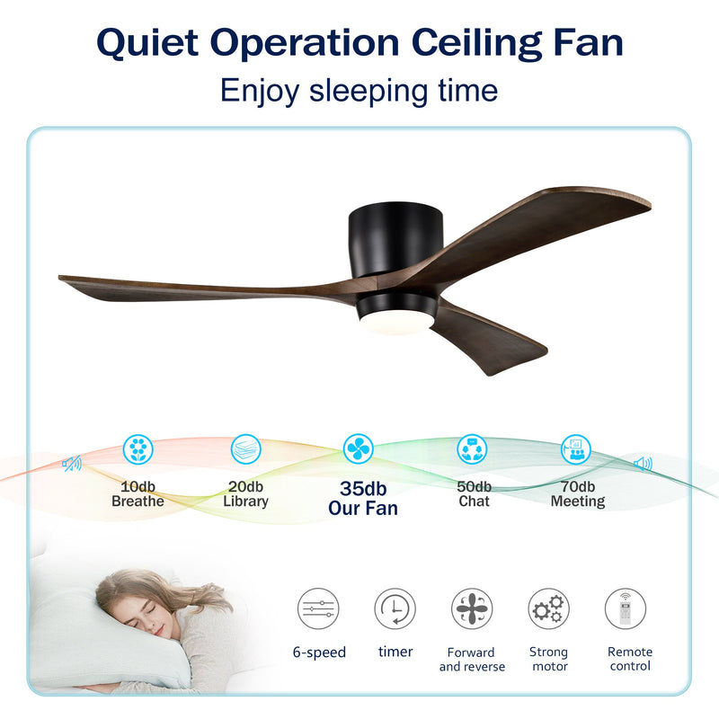 52" Flush Mount Solid Wood Blades Ceiling Fan with Lights Remote Control by HouseOfZazla