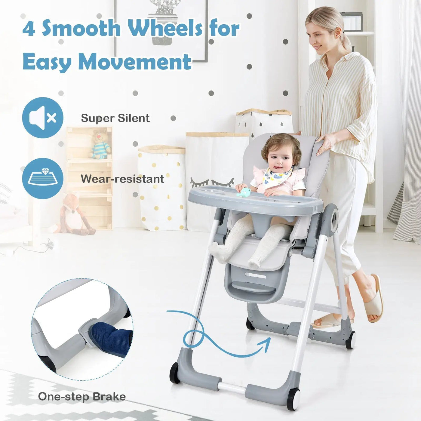 Baby Folding Convertible High Chair with Wheels and Adjustable Height by DirectDeals