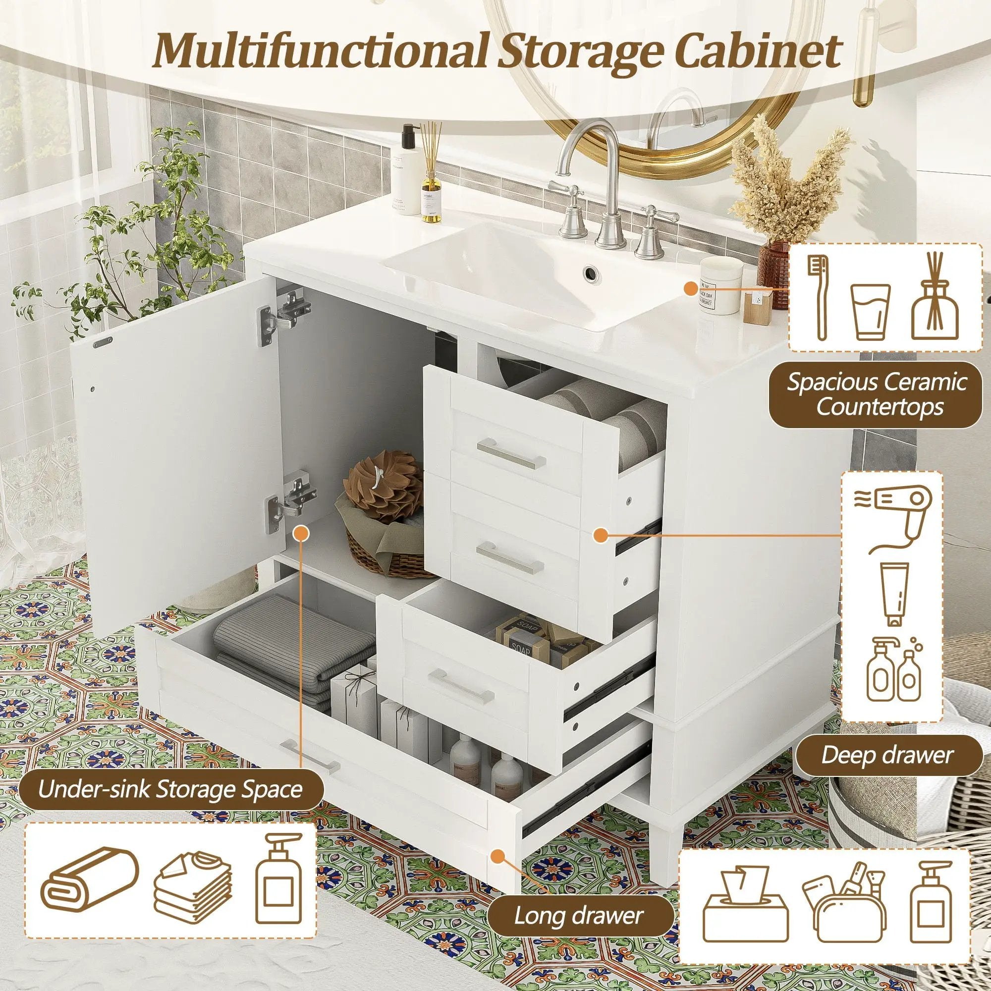 Bathroom Vanity, Modern Bathroom Cabinet With Sink Combo Set, Bathroom Storage Cabinet With A Soft Closing Door And 3 Drawers, Solid Wood Frame by Unique Piece Furniture