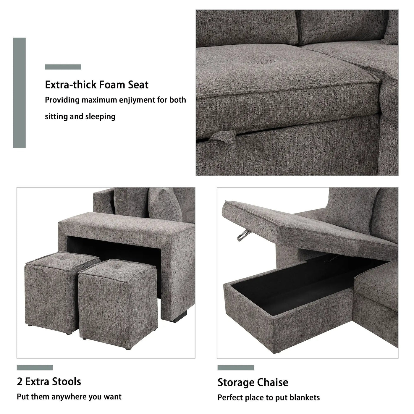 Modern L-Shape 3 Seat Reversible Sectional Couch, Pull Out Sleeper Sofa With Storage Chaise And 2 Stools For Living Room Furniture Set by Unique Piece Furniture