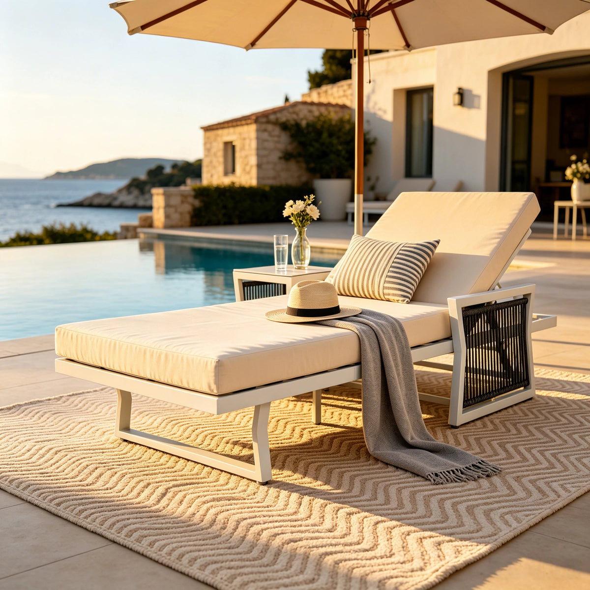 Modern White Iron Outdoor Chaise Lounger Set with Adjustable Backrest - White