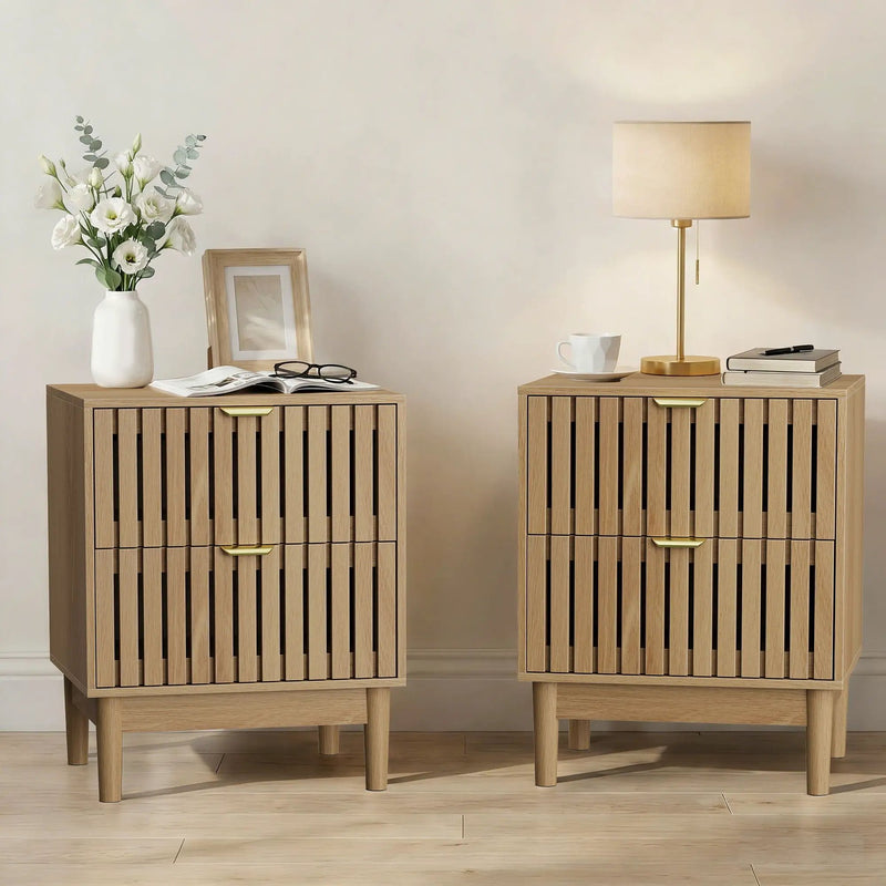 Bedside Table With Grille Design And 2 Drawers, Side Table For Bedroom - Oak by Unique Piece Furniture
