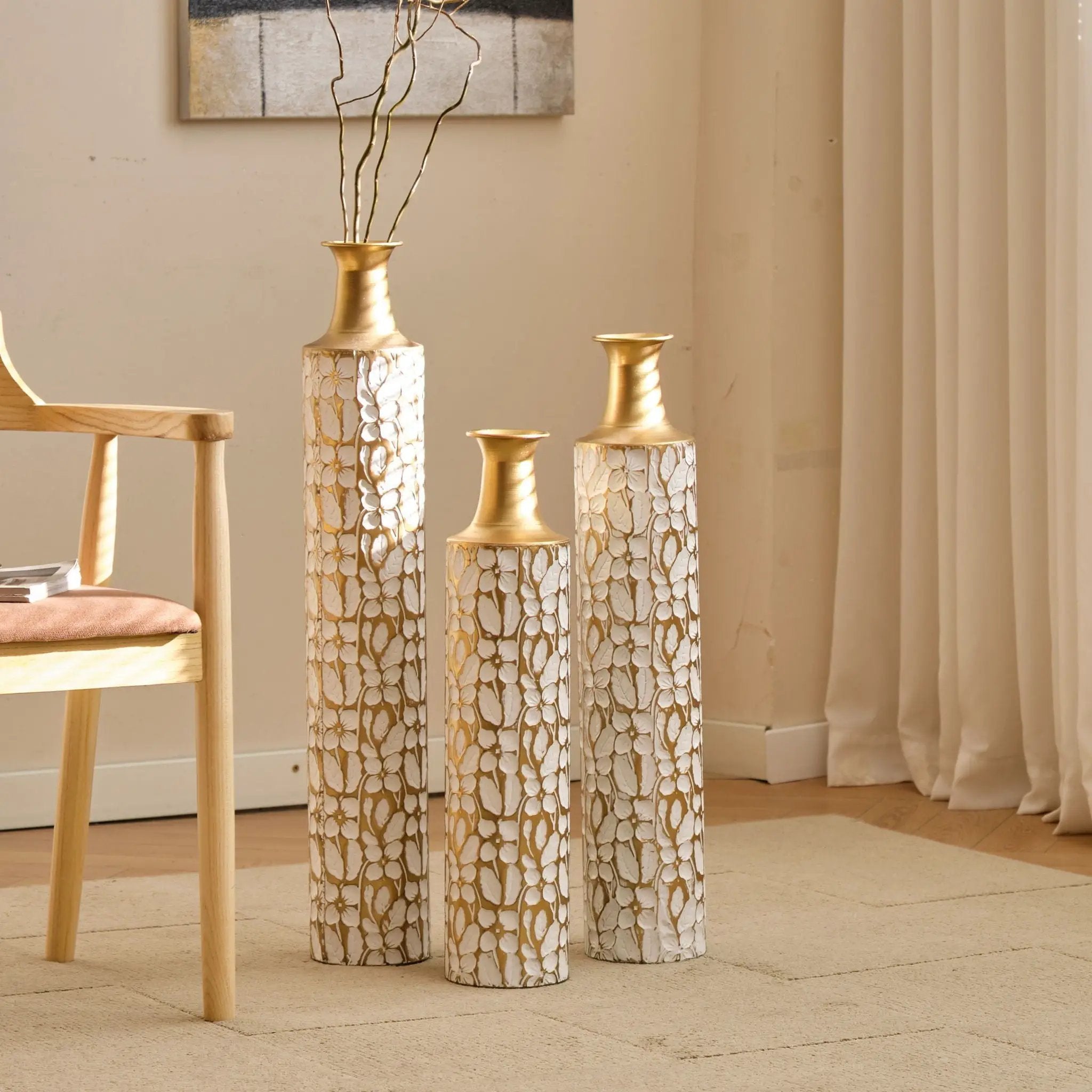 Floor Vases Large Decorative Set of 3 - Antique White & Gold by HouseOfZazla