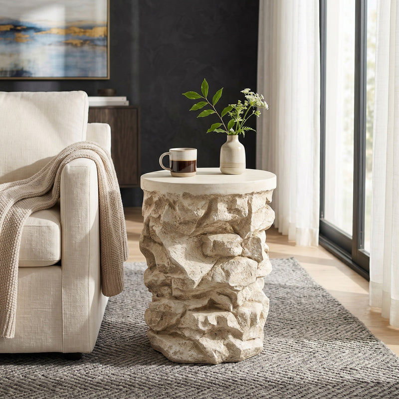 Beige Round Faux Stacked Stone MGO Side Table, photo 4 of 10