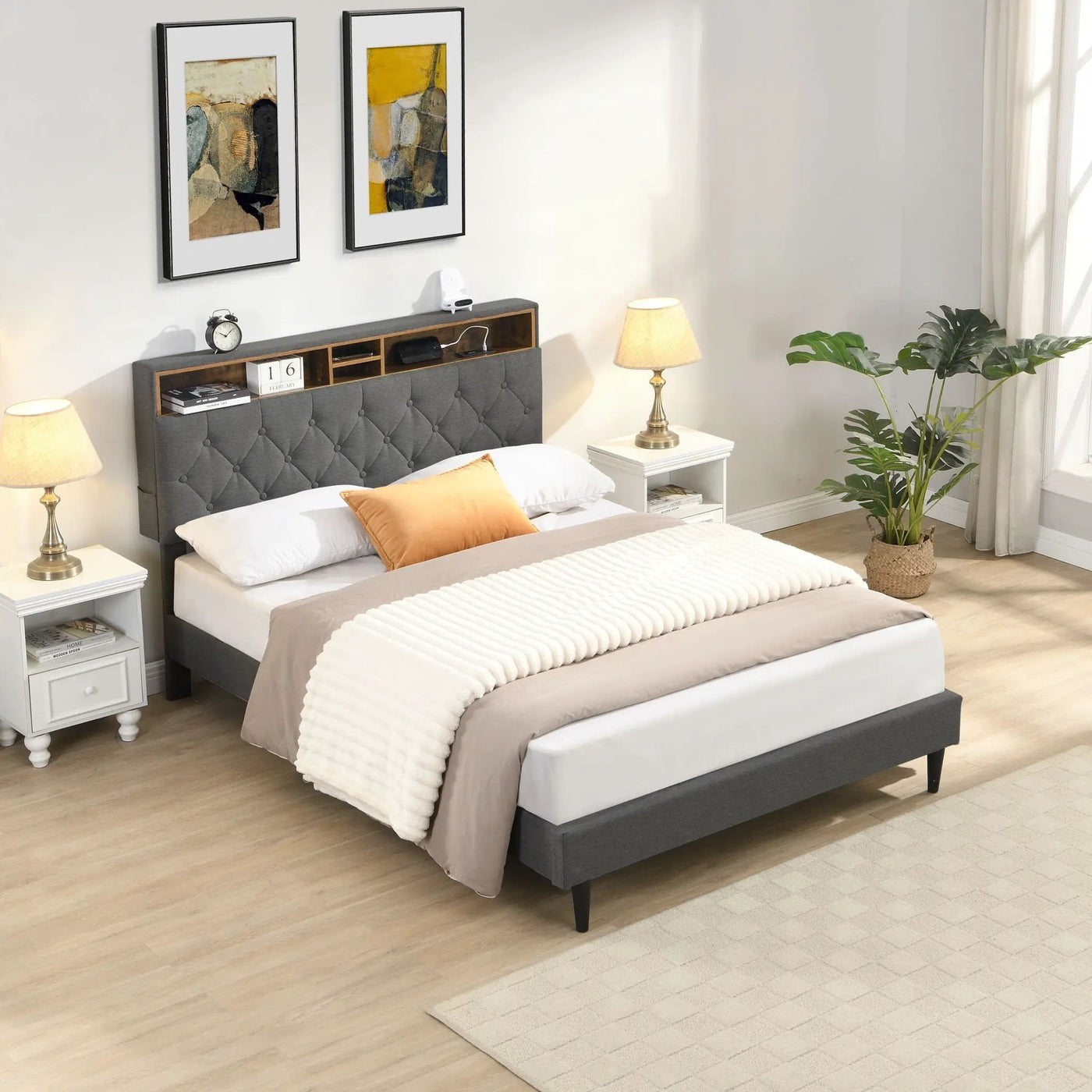 Modern Upholstered Platform Bed Frame With Button Tufted Headboard And USB Ports by HouseOfZazla