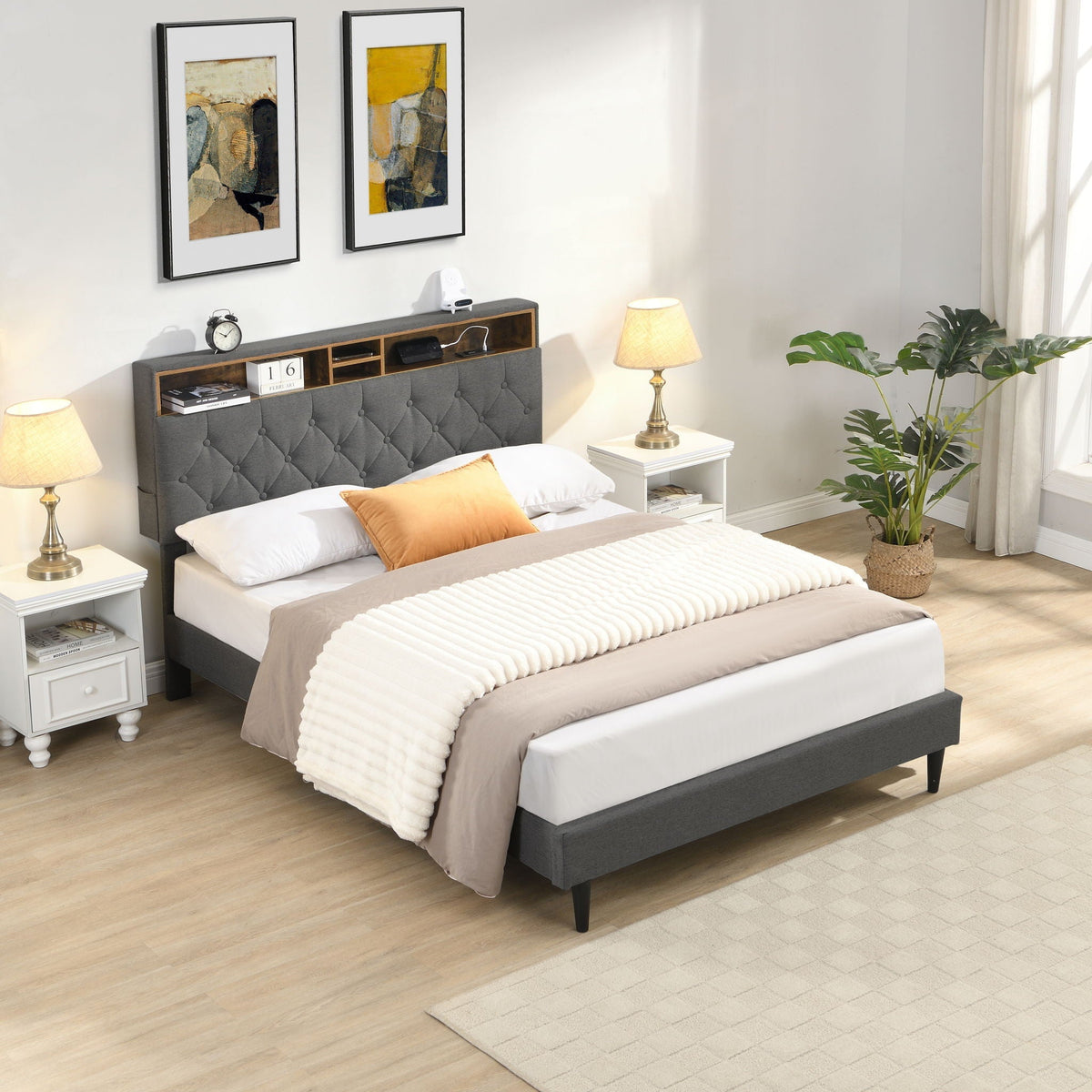 Modern Upholstered Platform Bed Frame with USB Ports - Gray or Dark Gray, photo 7 of 10