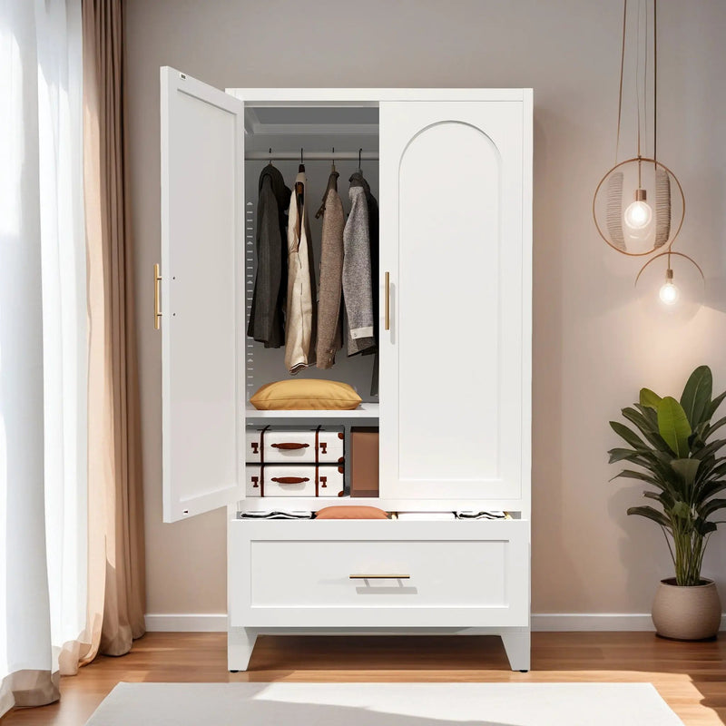 Wardrobe Cabinet With 1 Drawer And Hanging Rod, 2 Doors Closet With Shelf For Bedroom - White by Unique Piece Furniture