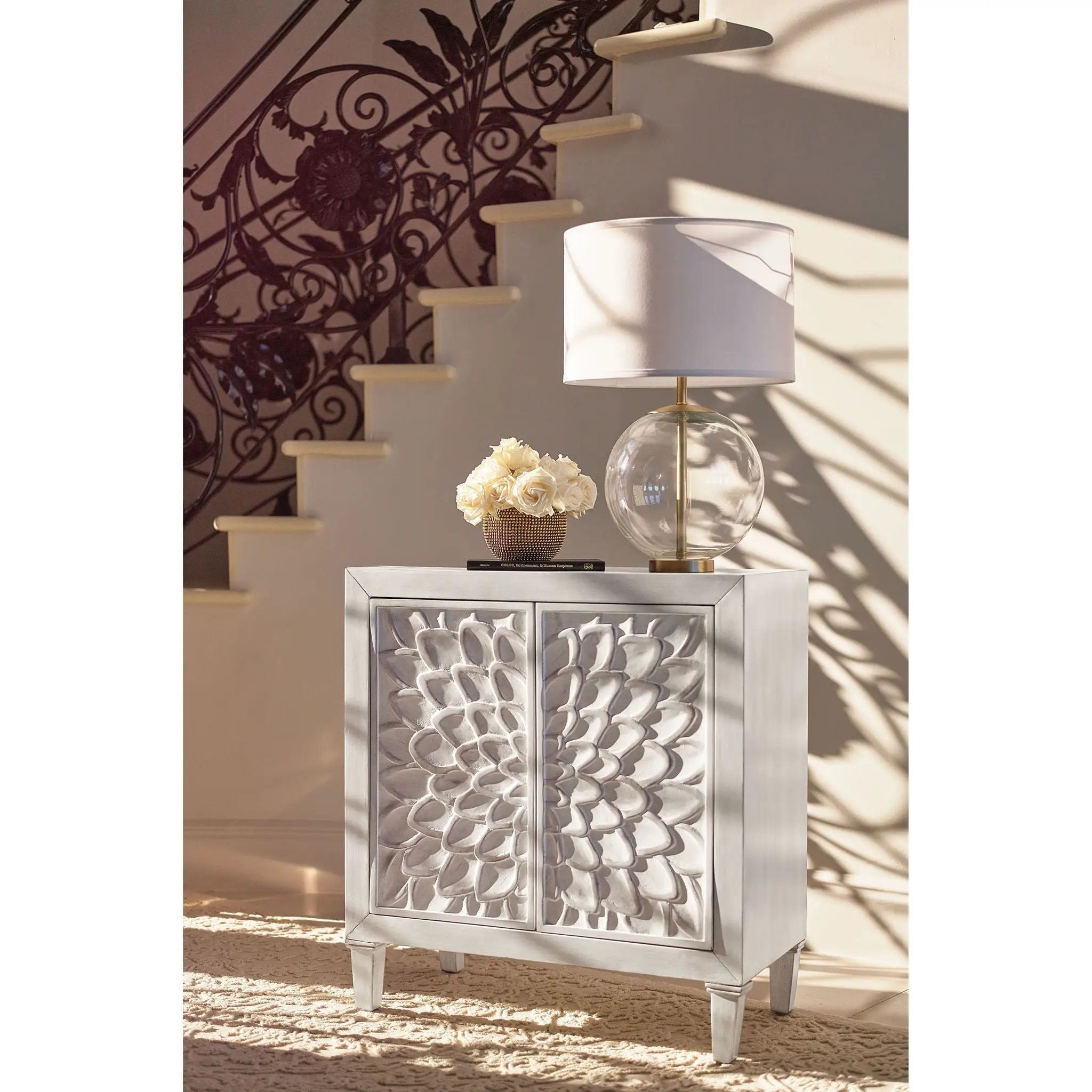 2 Door Accent Cabinet With Floral Carving Storage Furniture - White by HouseOfZazla