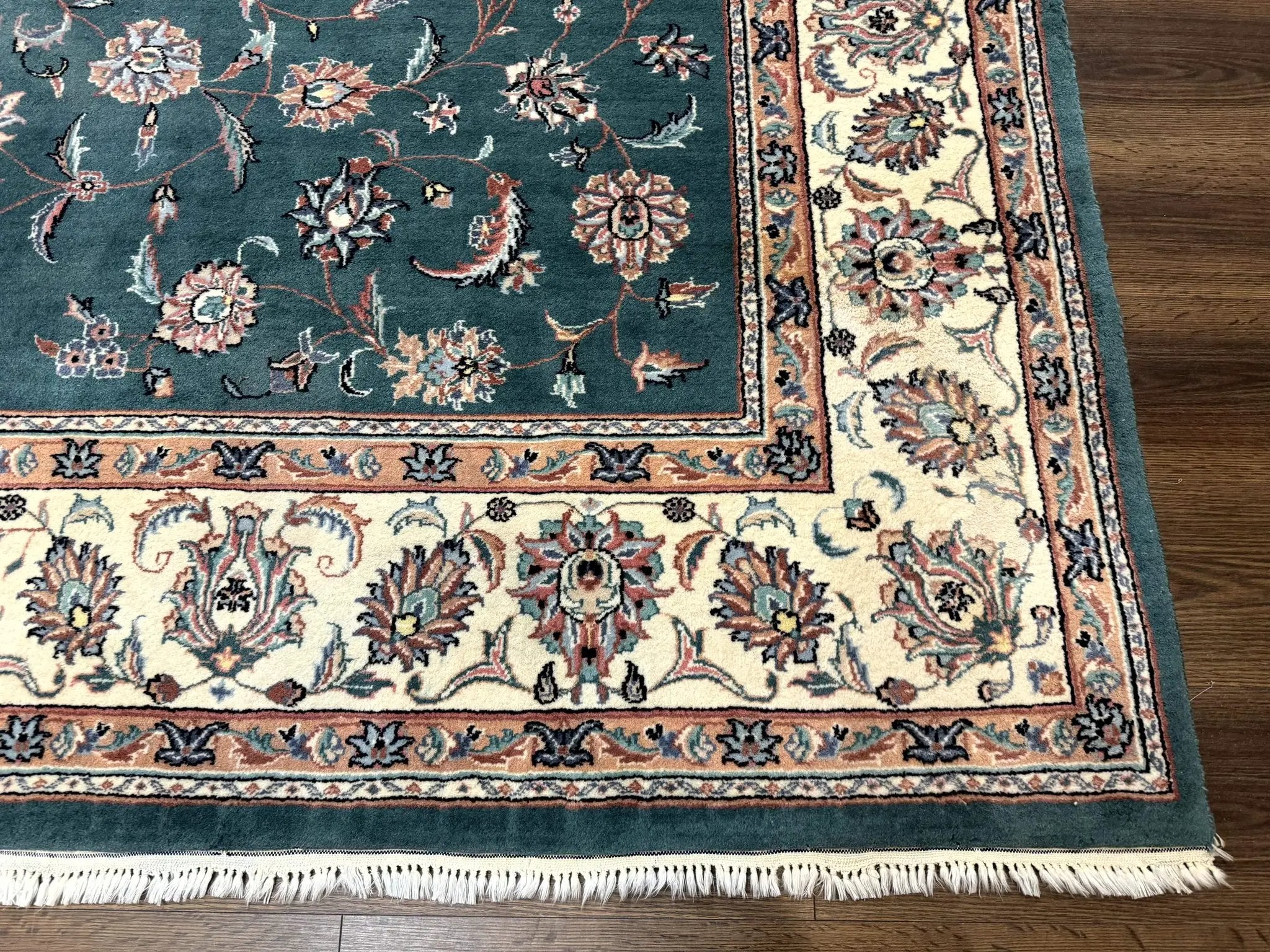 Indo Persian Rug 8x10, Green and Beige Oriental Carpet, Traditional Wool Area Rug, Floral Allover Pattern by Jewel Rugs
