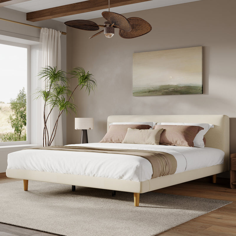 Beige Chunky Headboard Bed Frame with Solid Rubberwood Legs, Cal-King by HouseOfZazla