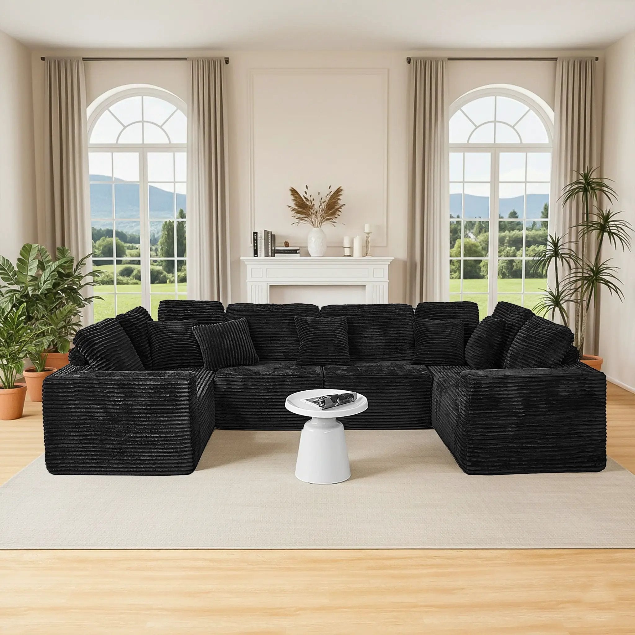 Modular U-Shaped Sectional Sofa, 6 Seater Chaise Lounge With Reversible Design - Black by HouseOfZazla