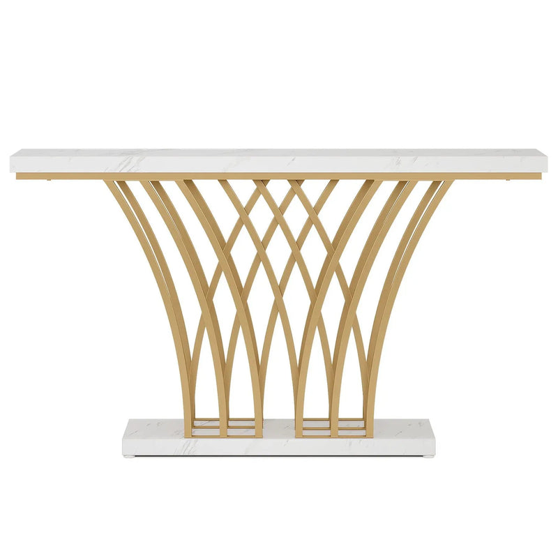 Console Table With Grid Base For Living Hallway - White / Gold by HouseOfZazla