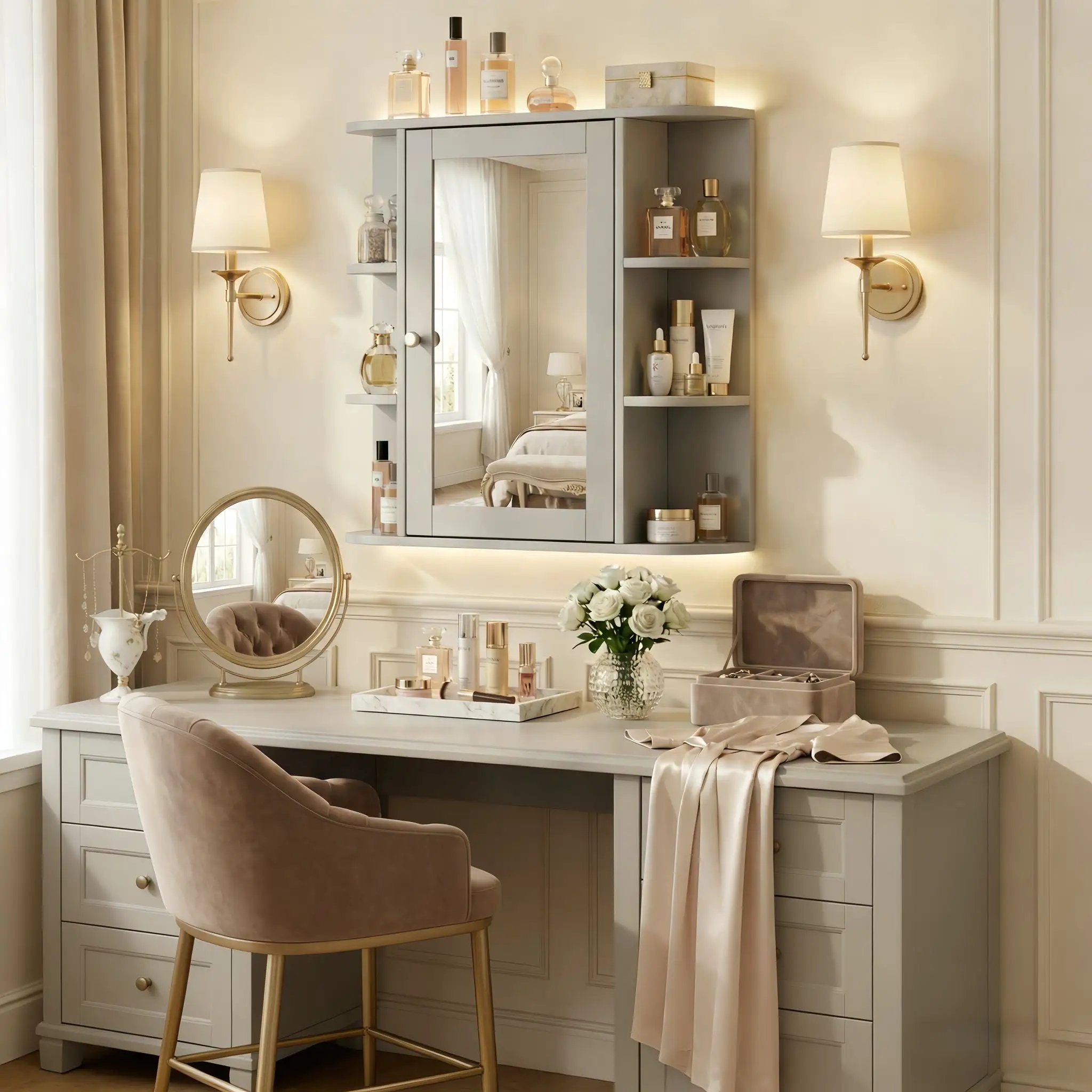 Bathroom Wall Storage Cabinet With Mirror And Adjustable Shelf, 6 Open Shelves by HouseOfZazla