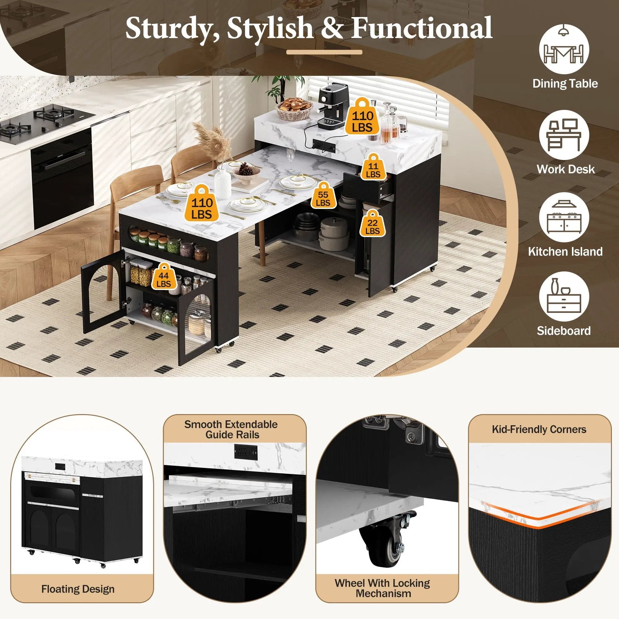 Extendable Dining Table With Folding Top, Rolling Kitchen Island With Drawers And Power Outlet by Unique Piece Furniture