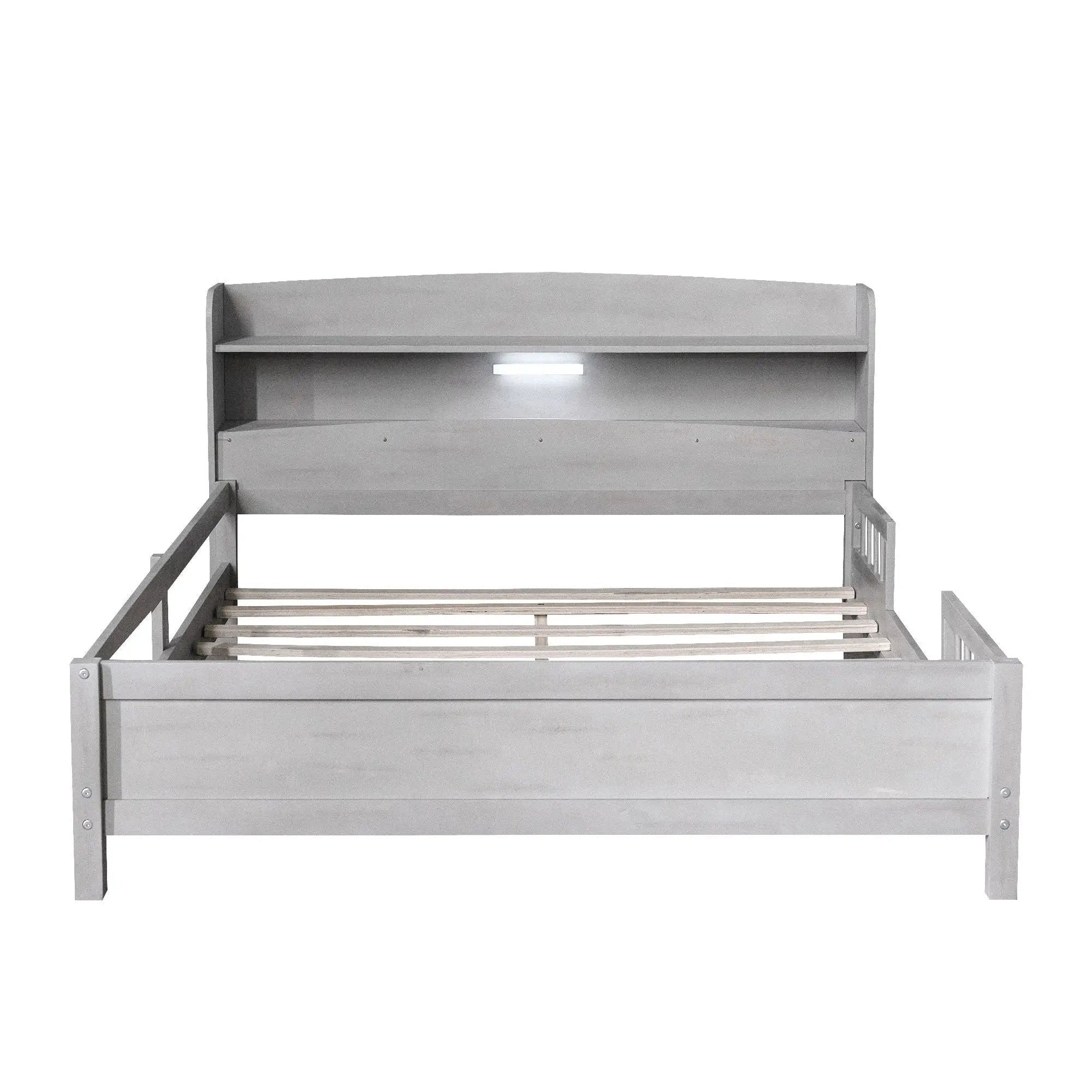 Wood Platform Bed With Built In LED Light, Storage Headboard And Guardrail