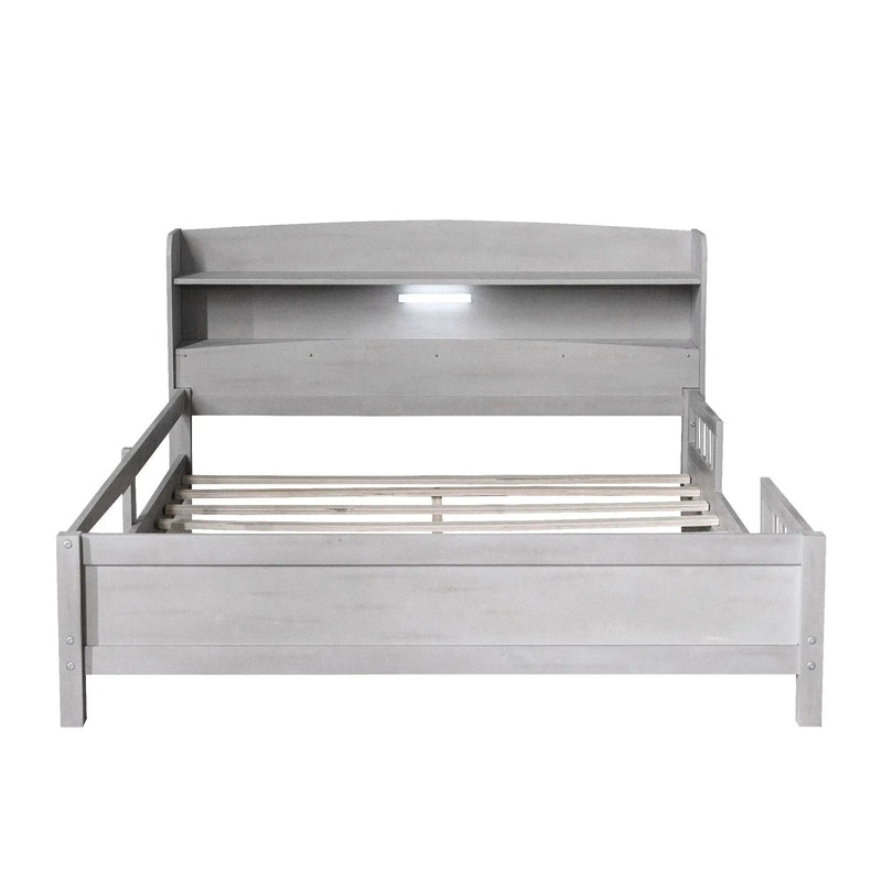 Wood Platform Bed With Built In LED Light, Storage Headboard And Guardrail