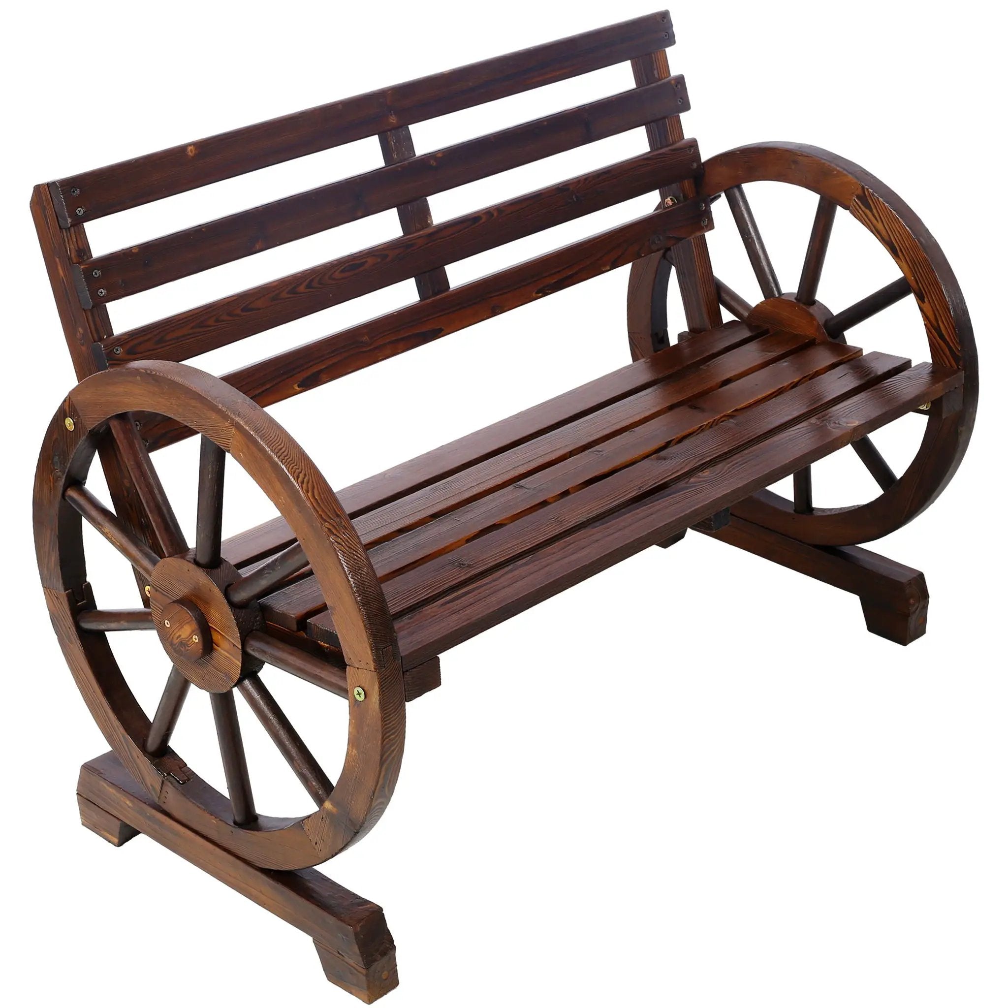 Rustic Country 2 Person Wooden Wagon Wheel Bench With Slatted Seat And Backrest - Brown by Unique Piece Furniture