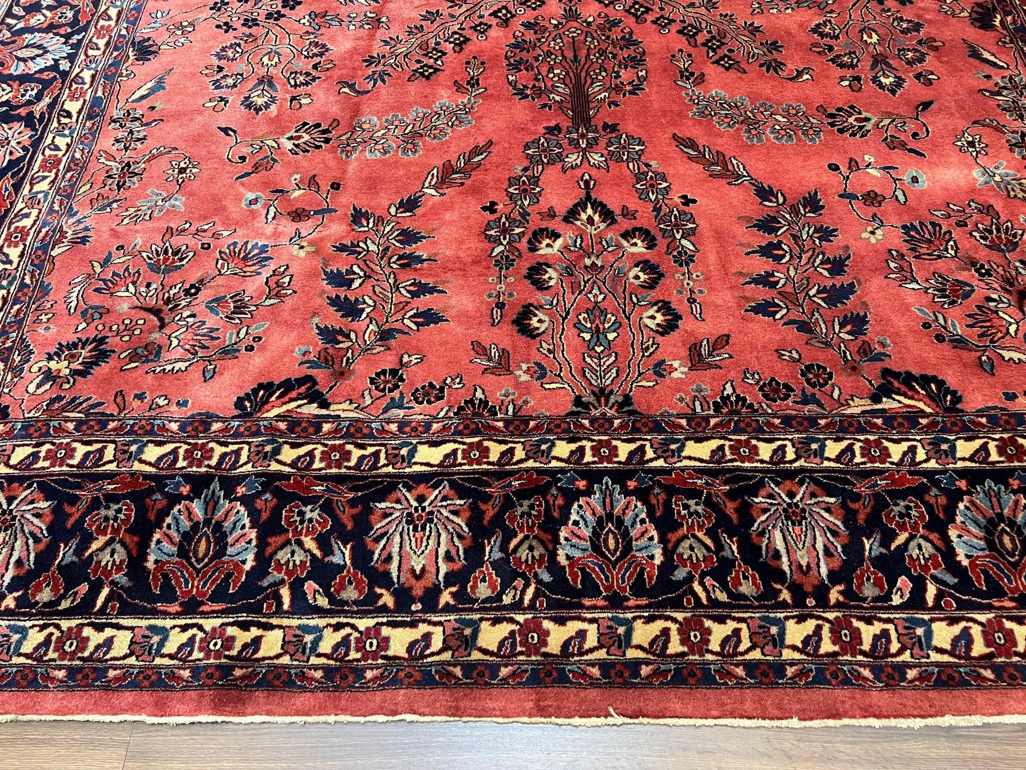 Indo Sarouk Rug 10x14, Vintage Indian Persian Area Rug 10 x 14, Wool Hand-Knotted Oriental Carpet, Red Floral Allover Large Rug, Beautiful by Jewel Rugs