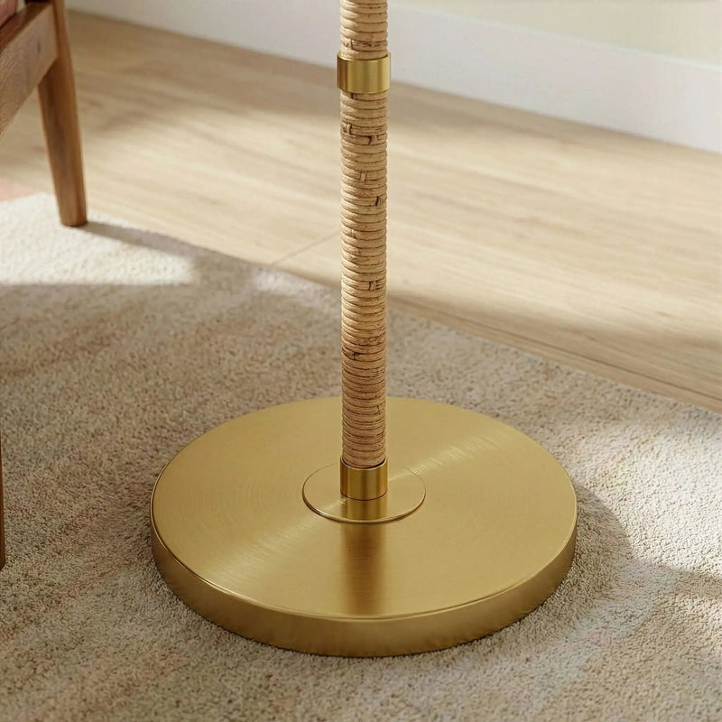 Stellar - Linen Shade Floor Lamp - Gold / Natural Wood / Rattan / White by Unique Piece Furniture