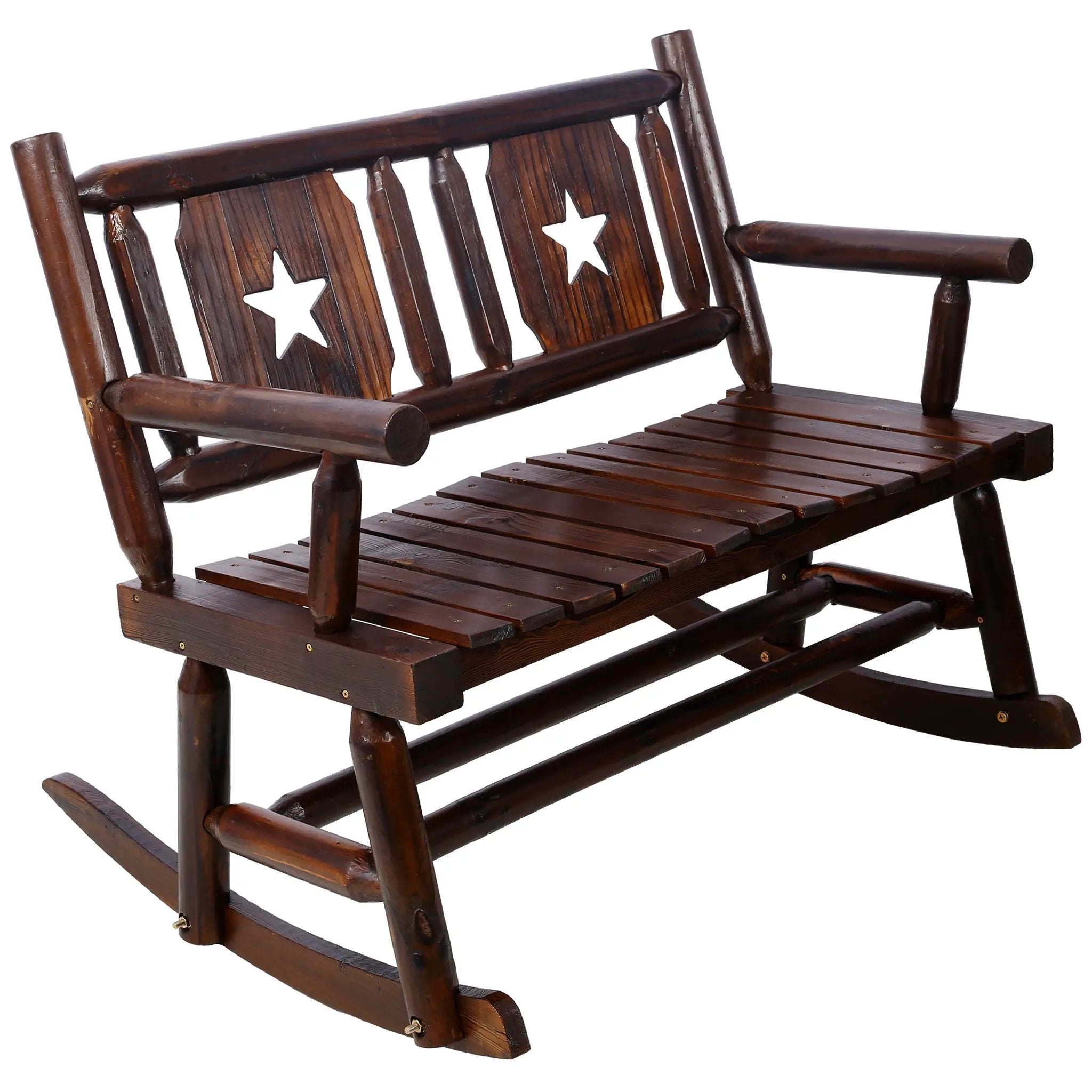Rustic Outdoor Wood Rocking Bench Double Rocking Chair For 2 Persons With Curved Seat, Porch Rocker - Brown by Unique Piece Furniture