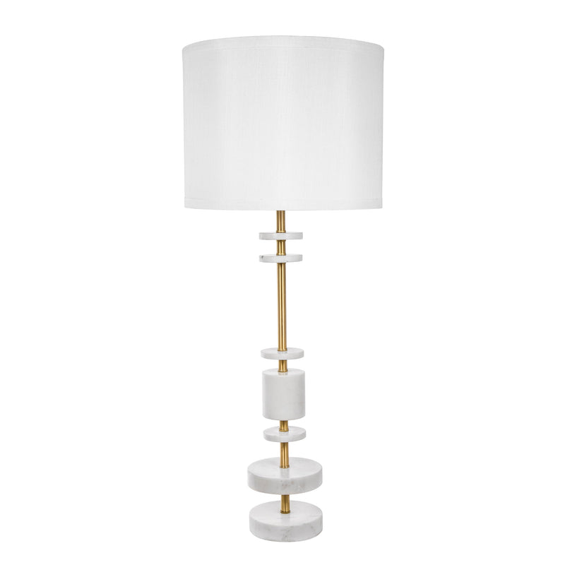 White Marble Table Lamp with Brass Frame and Drum Shade - White, photo 2 of 10