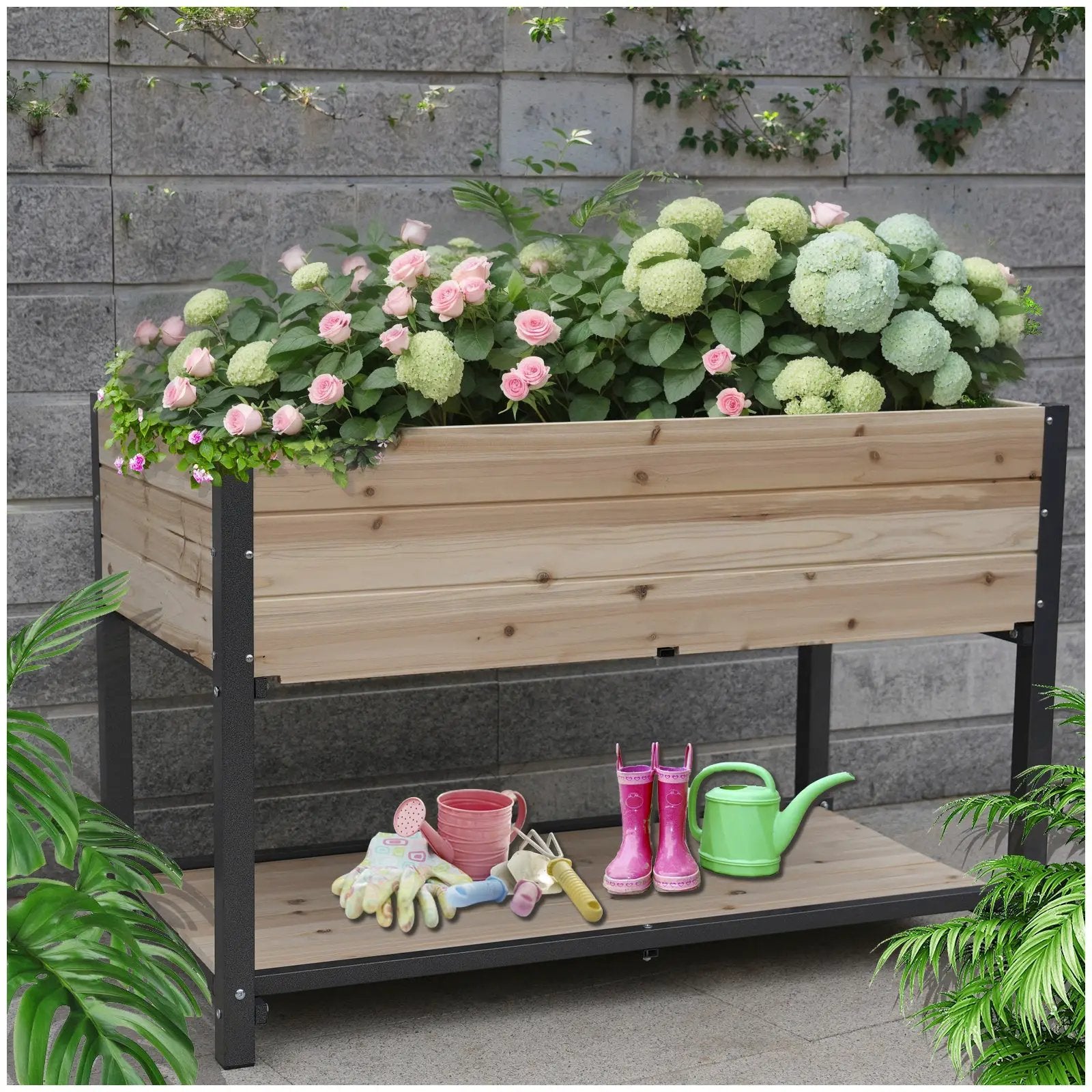 45" Iron-Wood Combined Growing Beds With Feet and Storage Racks by HouseOfZazla