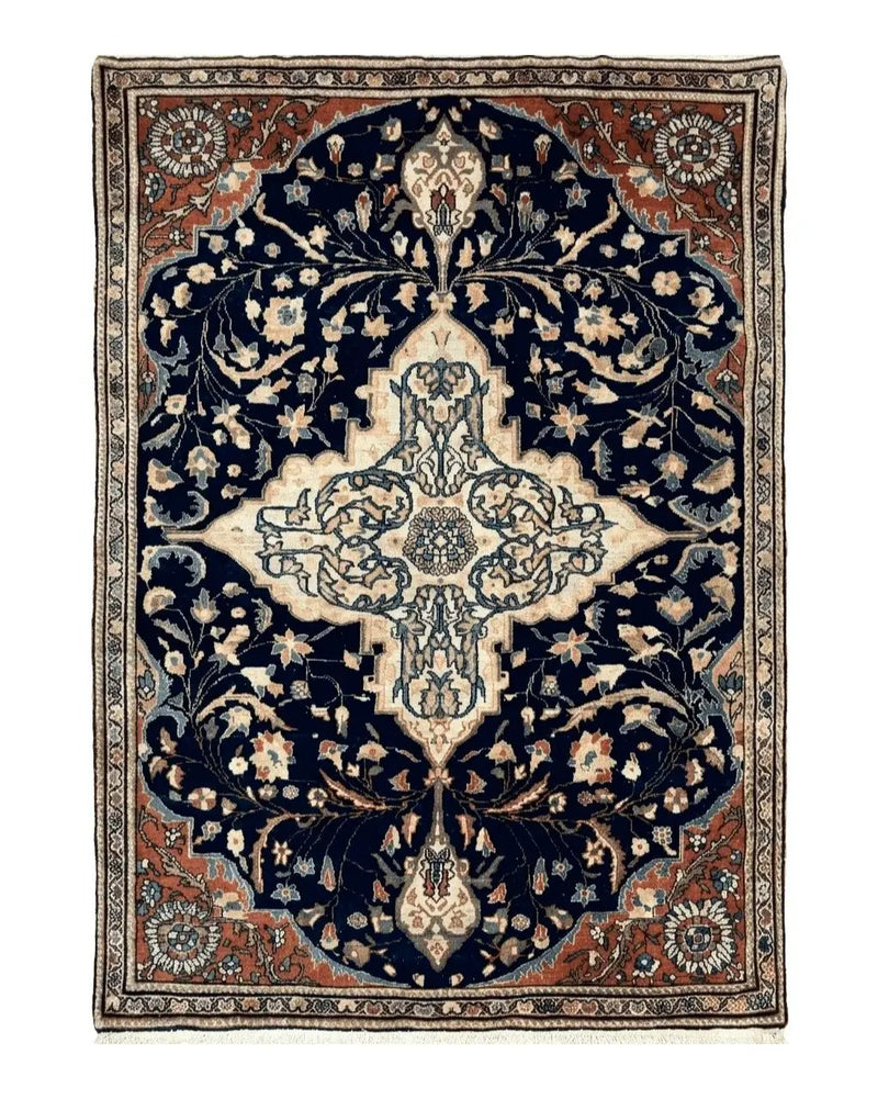Antique Persian Rug 3.5 x 5, Sarouk Farahan Rug, High Quality 1920s Fine Oriental Carpet 3 x 5 ft, Large Medallion, Floral, Navy Blue Red, Hand Knotted Wool Rug by Jewel Rugs