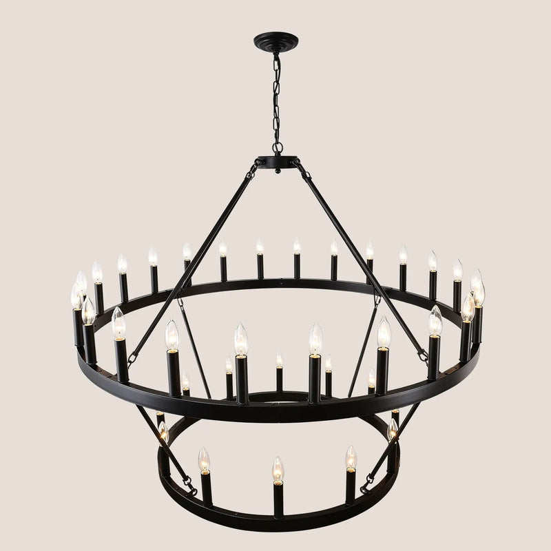 2 Tiers Wagon Wheel Chandelier Wooden Farmhouse 36 Light (24 / 12) Or (12 / 24) Metal Chandeliers 2 Story Light Fixtures Industrial For High Ceiling Living Dining Room Foyer, Adjustable Height - Black by HouseOfZazla