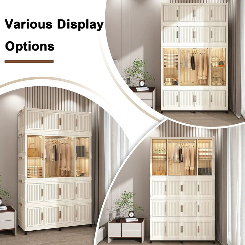 Portable Wardrobe Closet Storage Organizer With 17 Magnetic Doors, 17 Cubes, Hanging Rod & 6 Hangers - Creamy White by HouseOfZazla