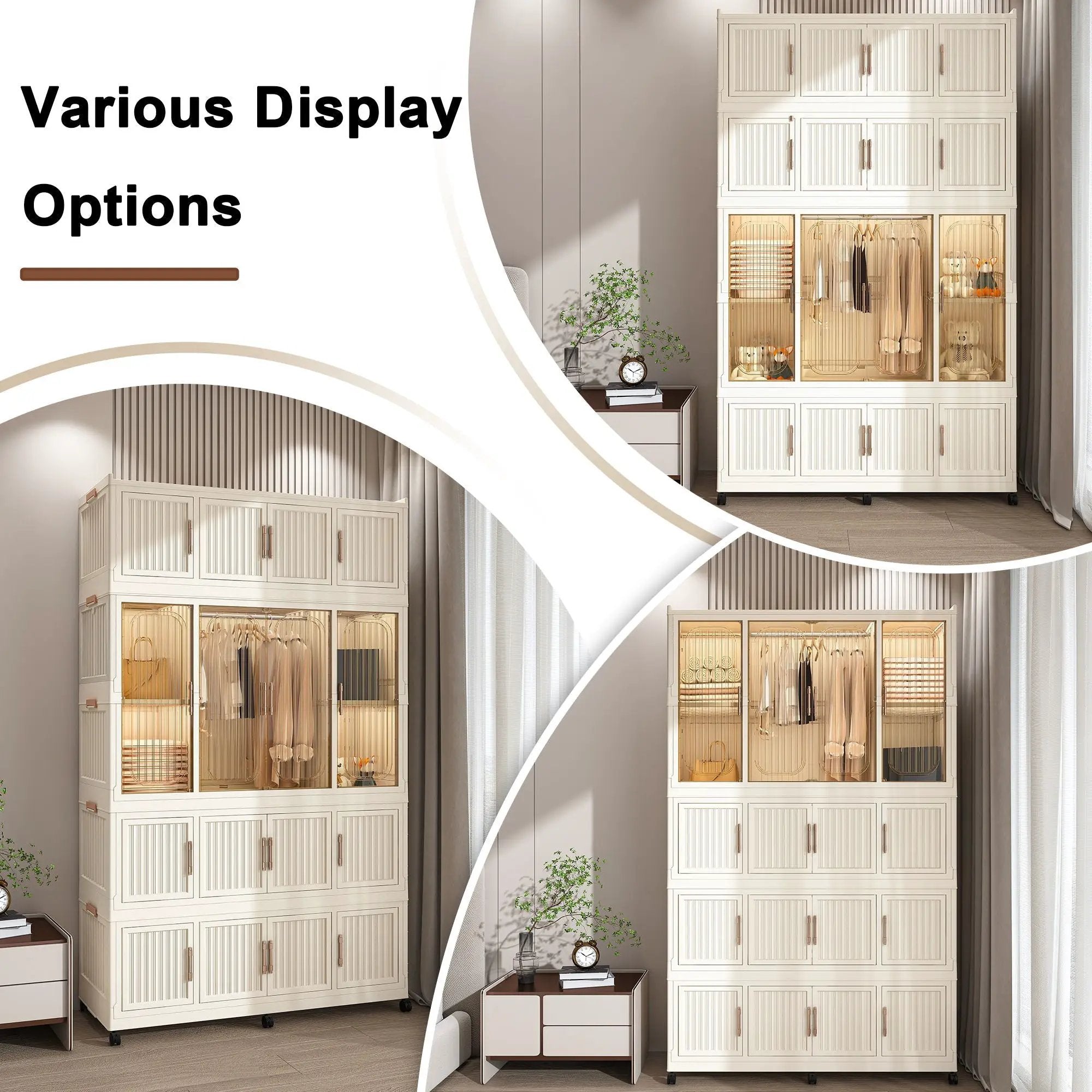 Portable Wardrobe Closet Storage Organizer With 17 Magnetic Doors, 17 Cubes, Hanging Rod & 6 Hangers - Creamy White by Unique Piece Furniture