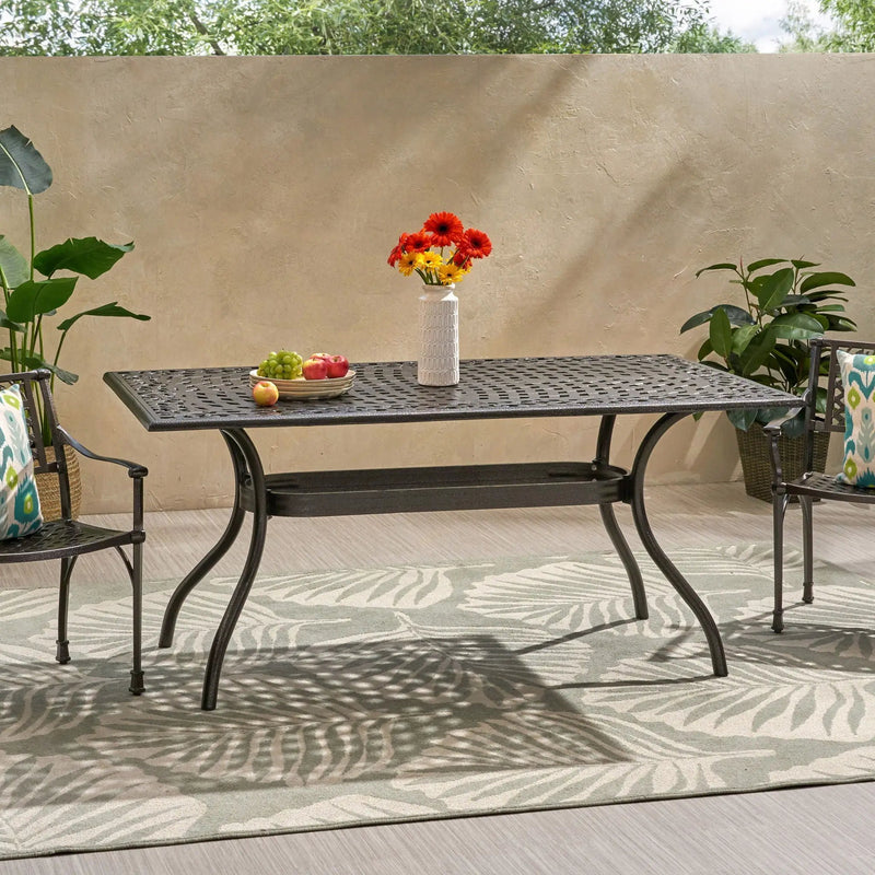 Celestine Outdoor Cast Aluminum Dining Table with Floral Lattice Design and Umbrella Holder by HouseOfZazla