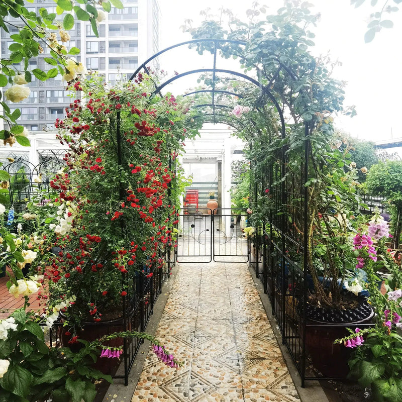 Metal Garden Arch With Two Plant Stands Wide High Climbing Plants Support Rose Arch Outdoor - Black by HouseOfZazla