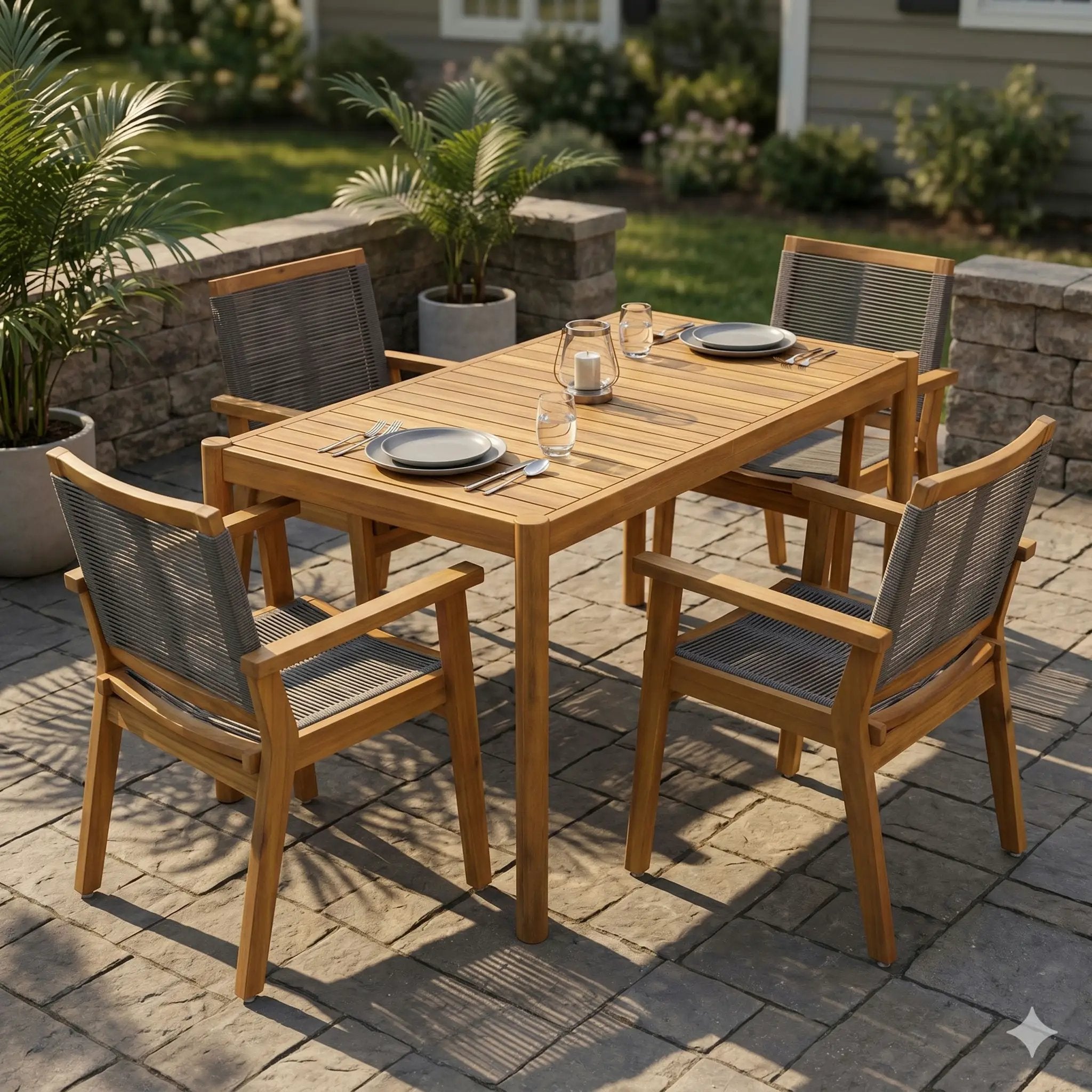 5-Piece Outdoor Acacia Wood Dining Set, 54.75" Teak Rectangular Table & 4 Dark Grey Chairs by HouseOfZazla