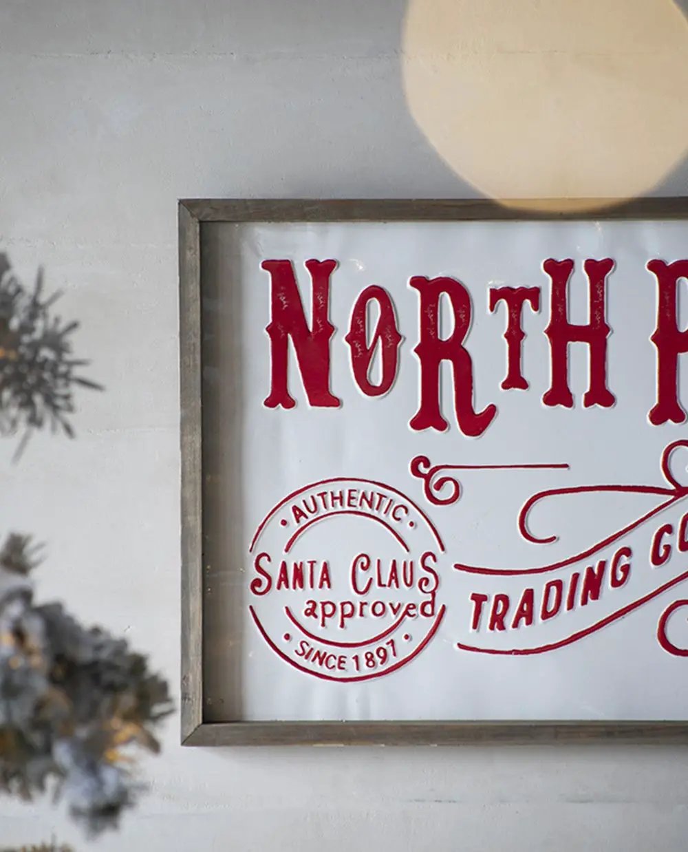 Iron / Wood North Pole Trading Company Wall Sign, For Christmas Holiday Table Wall Decor - White / Red by Unique Piece Furniture
