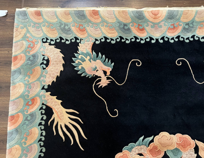 Black Chinese Wool Rug 8x10 with Dragons, Rainbow Borders, Rare by Jewel Rugs
