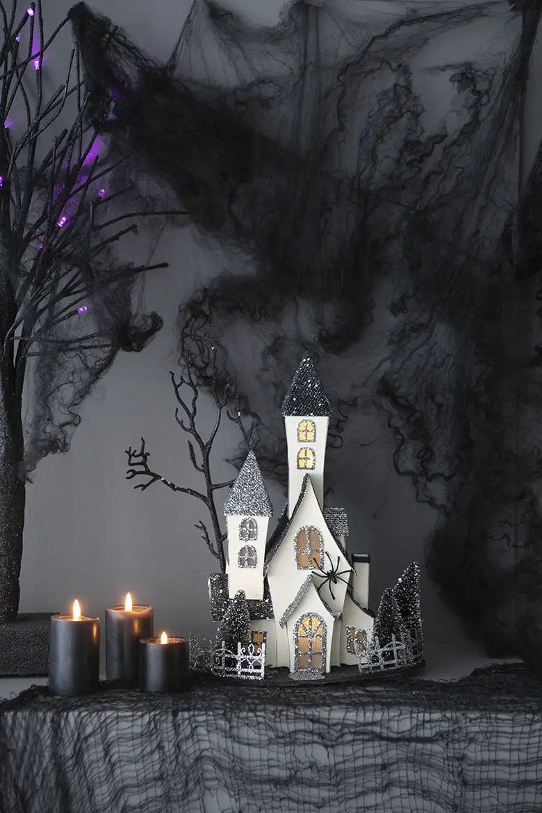 Cardboard Lighted Haunted House, Tabletop Holiday Halloween Decor, Battery Powered - Beige / Black by HouseOfZazla