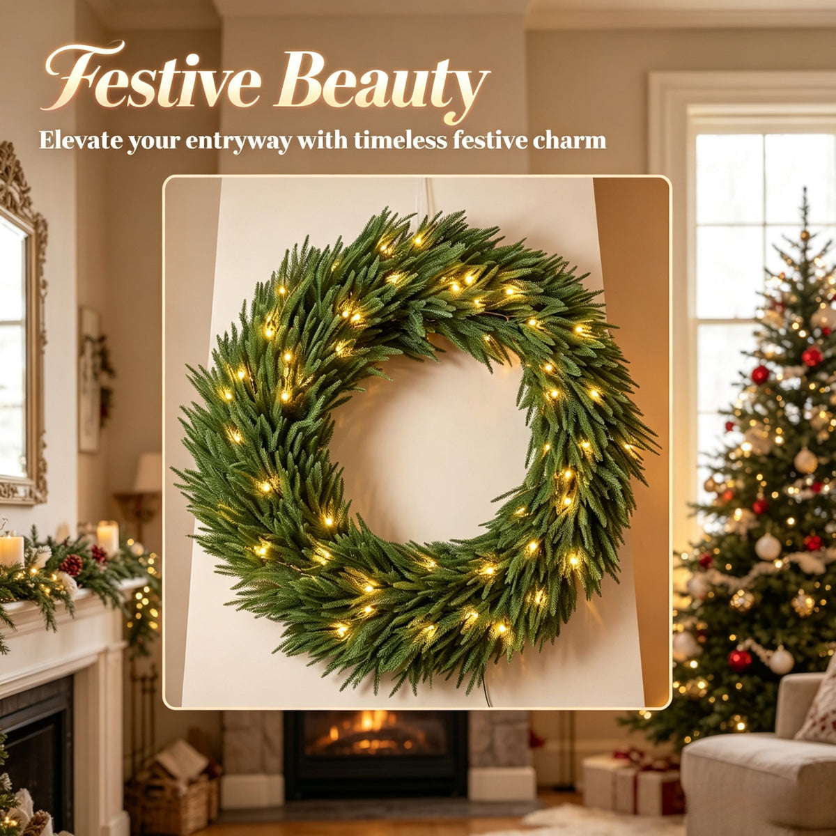 36-Inch Pre-Lit Christmas Wreath with Warm White Lights - Green, photo 8 of 9
