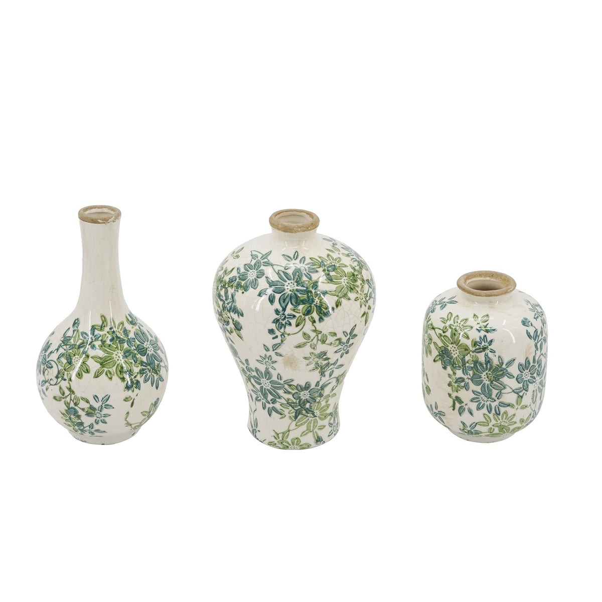 Set of 3 Floral Ceramic Vases with Crackled Ivory Finish - Green Floral Design, photo 2 of 8