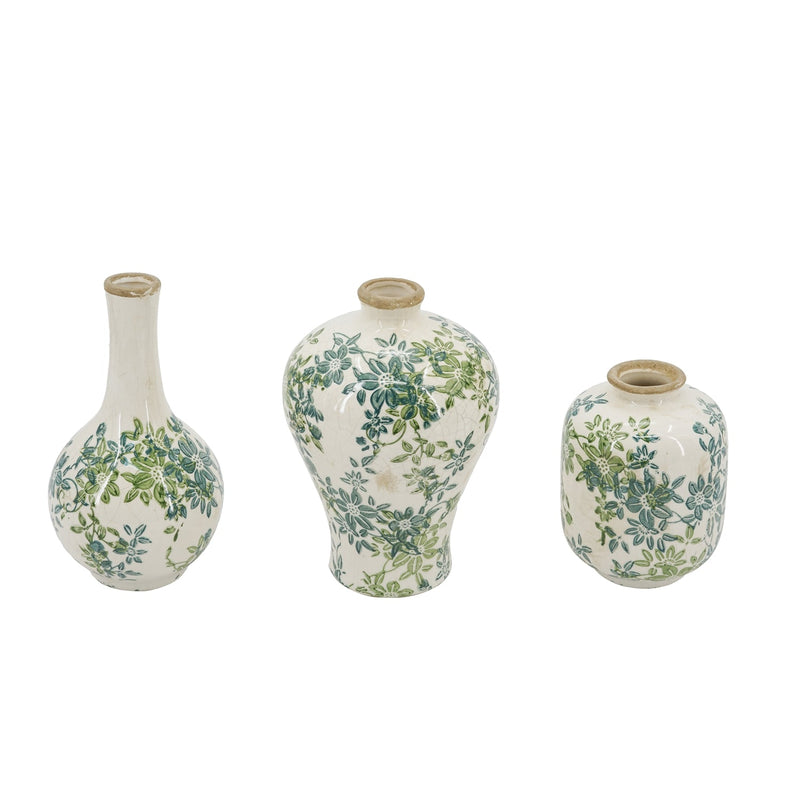 Set of 3 Floral Ceramic Vases with Crackled Ivory Finish - Green Floral Design, photo 2 of 8
