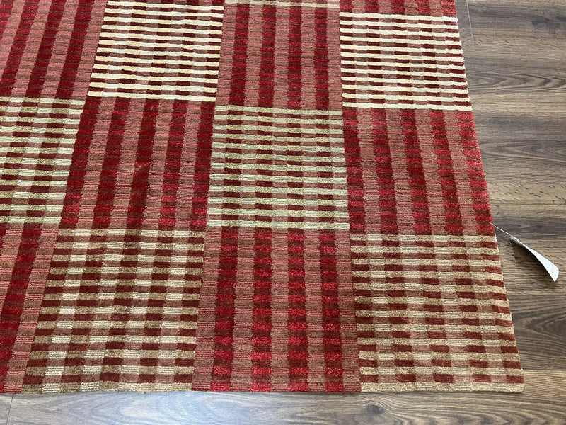 Modern Tibetan Rug 8x10, Hand Knotted Contemporary Nepali Carpet 8 x 10, Checkerboard Design, Red Cream Light Brown, Very Fine Wool & Silk by Jewel Rugs
