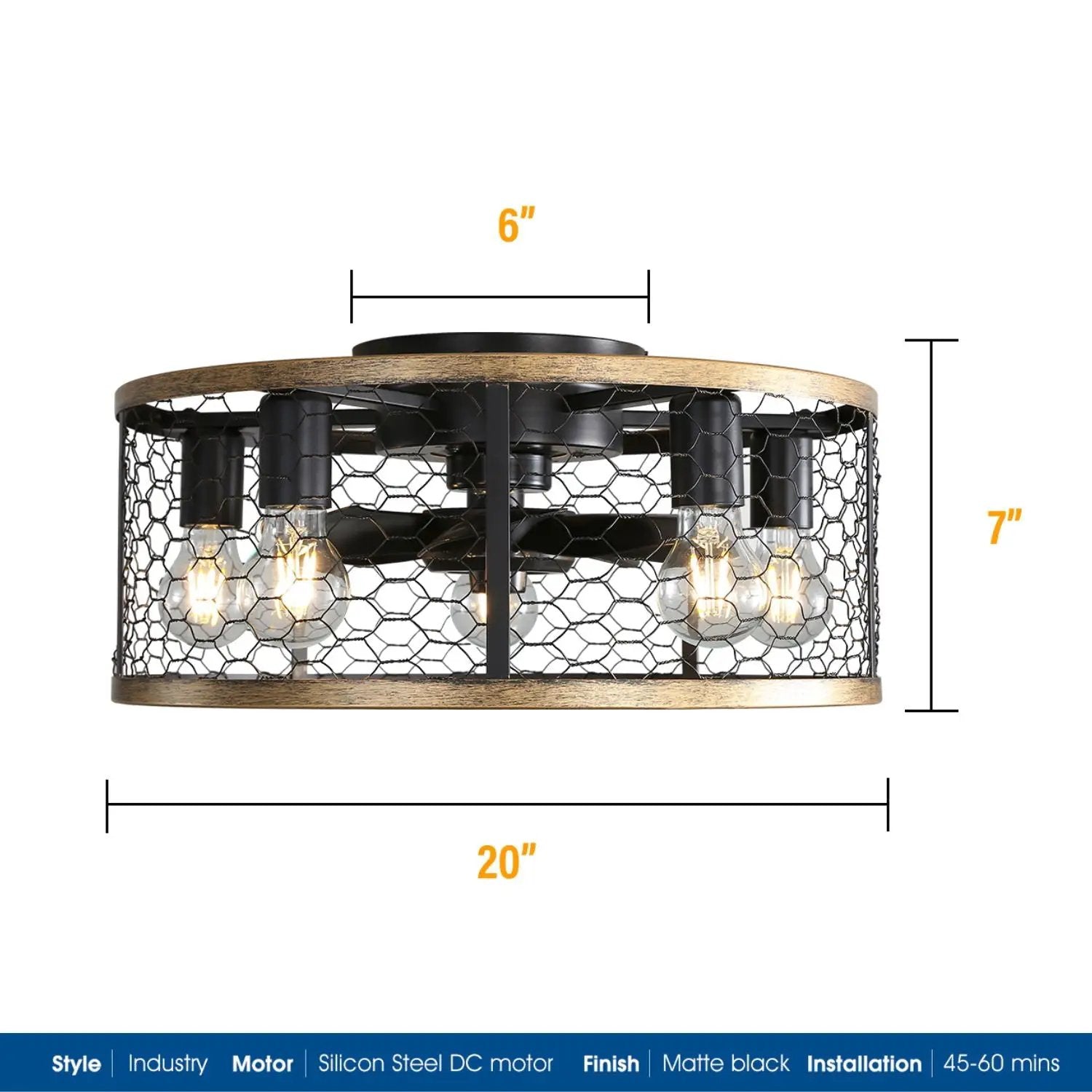 20" Industrial Caged Ceiling Fan, With 7 - ABS Blades Remote Control Reversible DC Motor, Small Flush Mount Ceiling Fan For Farmhouse - Black by HouseOfZazla
