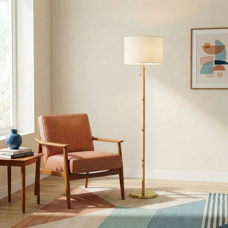 Stellar - Linen Shade Floor Lamp - Gold / Natural Wood / Rattan / White by HouseOfZazla