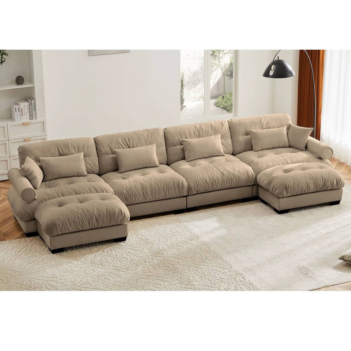 Modern Sectional Sofa With Ottoman, Round Bolster Armrests, Waist And Throw Pillows by Unique Piece Furniture