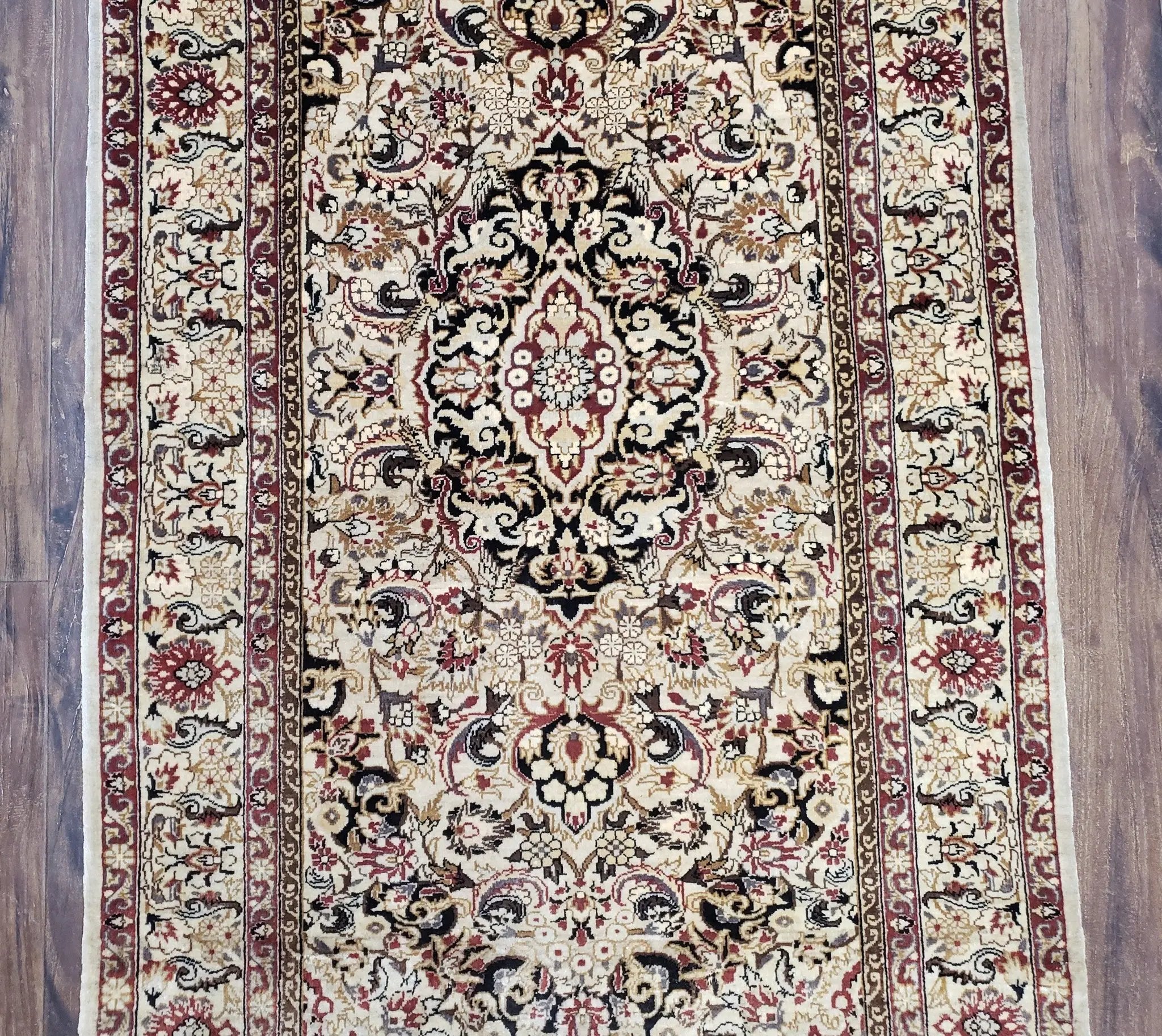 Silk Oriental Rug 1' 7" x 3', Very Fine Silk Carpet, Small Silk Rug, Traditional Floral Medallion, Hand-Knotted Cream Beige Vintage Silk Rug by Jewel Rugs