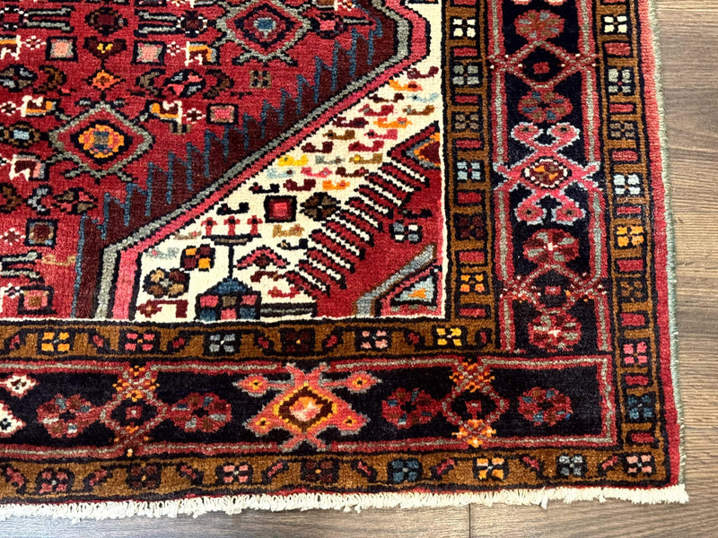 Persian Hamadan Rug 4x7, Tribal Village Malayer Carpet, Red and Ivory, Bohemian Antique by Jewel Rugs