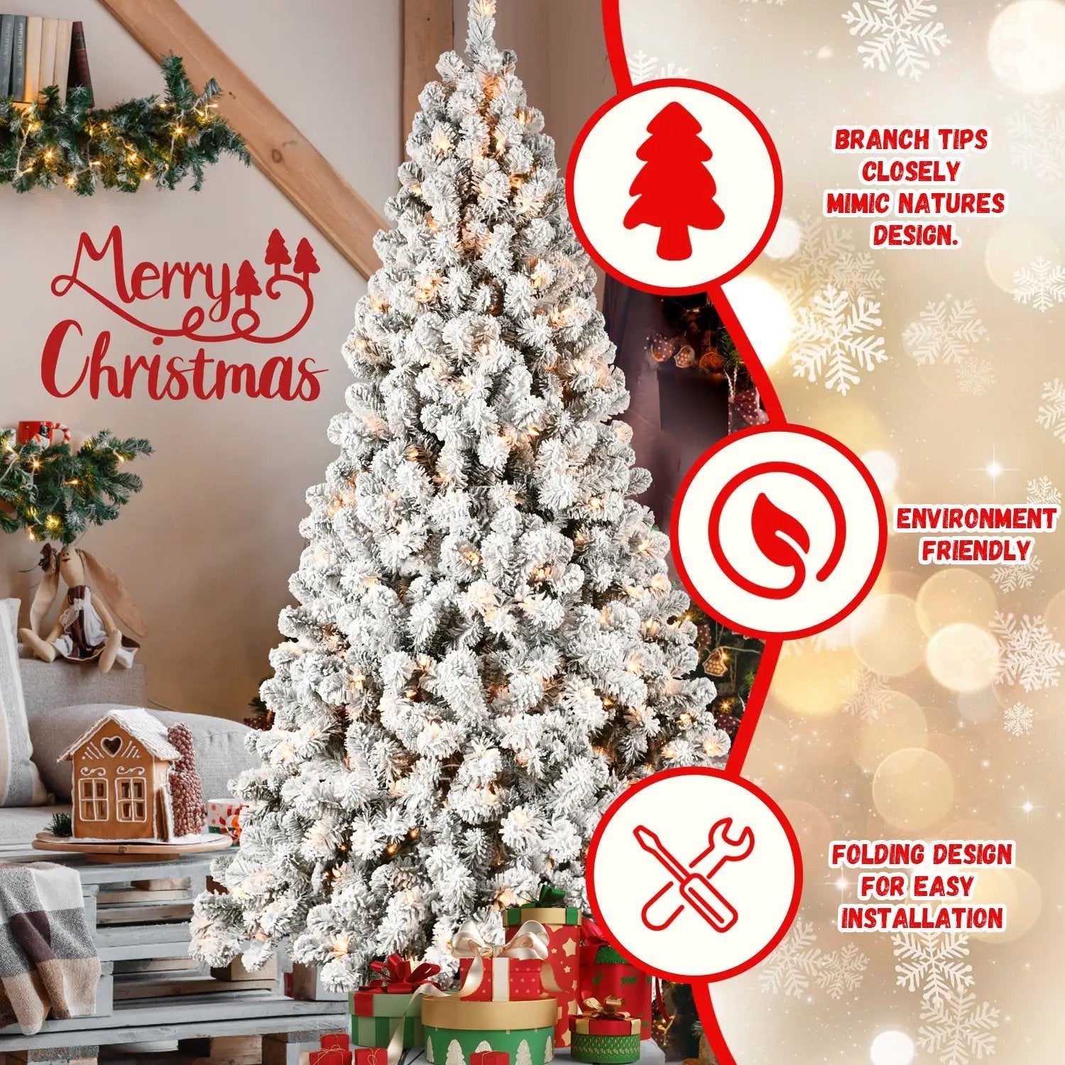 8ft Flocked Pre-Lit Christmas Tree with 500 UL Warm Lights by HouseOfZazla