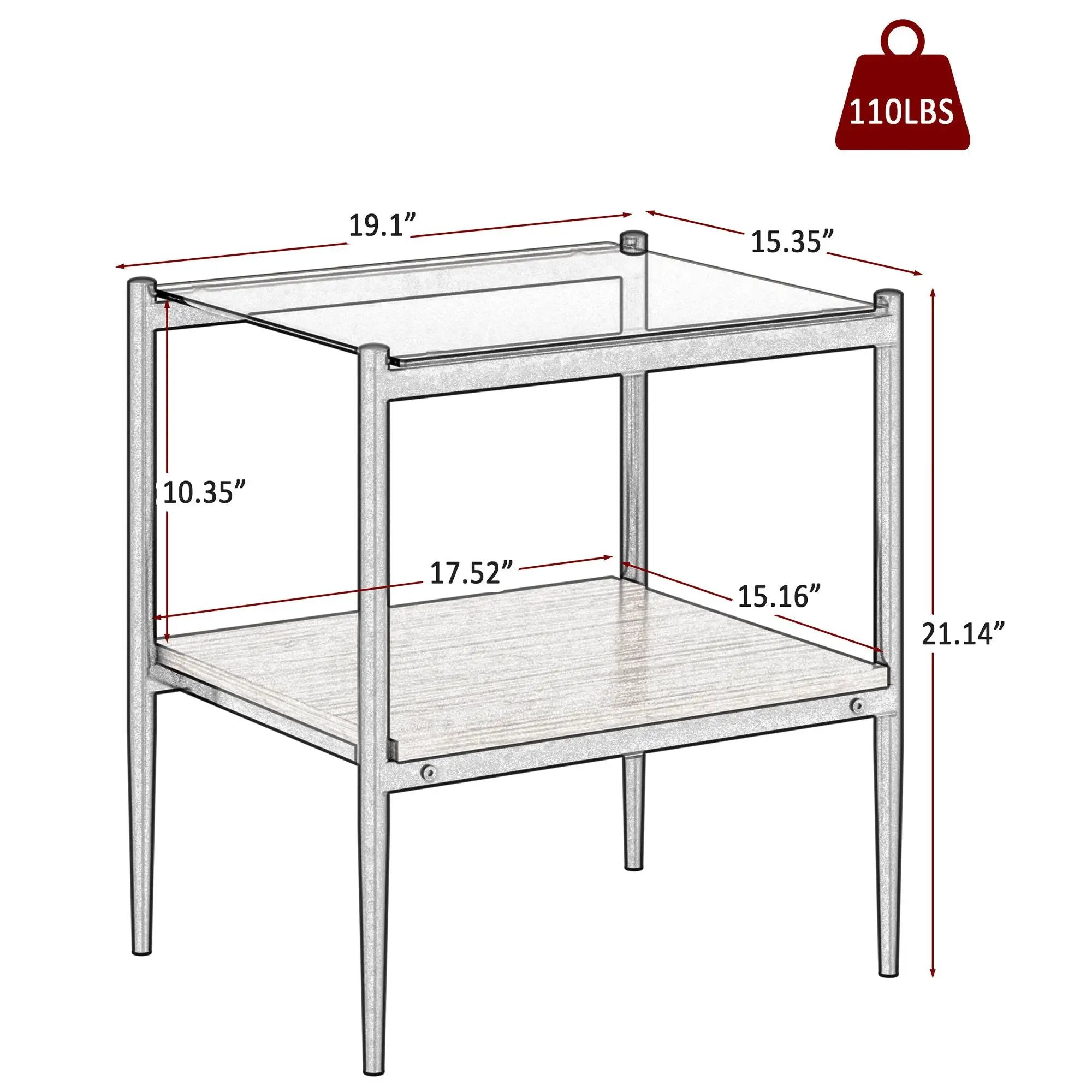 Modern Rectangle End Table (Set of 2) With Tempered Glass Tabletop And Layer - Brown