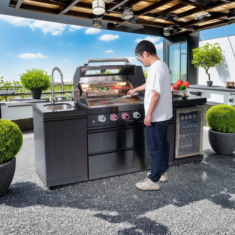 NG 85" 4-Burner 72,000 BTU Black Outdoor Kitchen Island Grill + Refrigerator + Sink by Chery Industrial