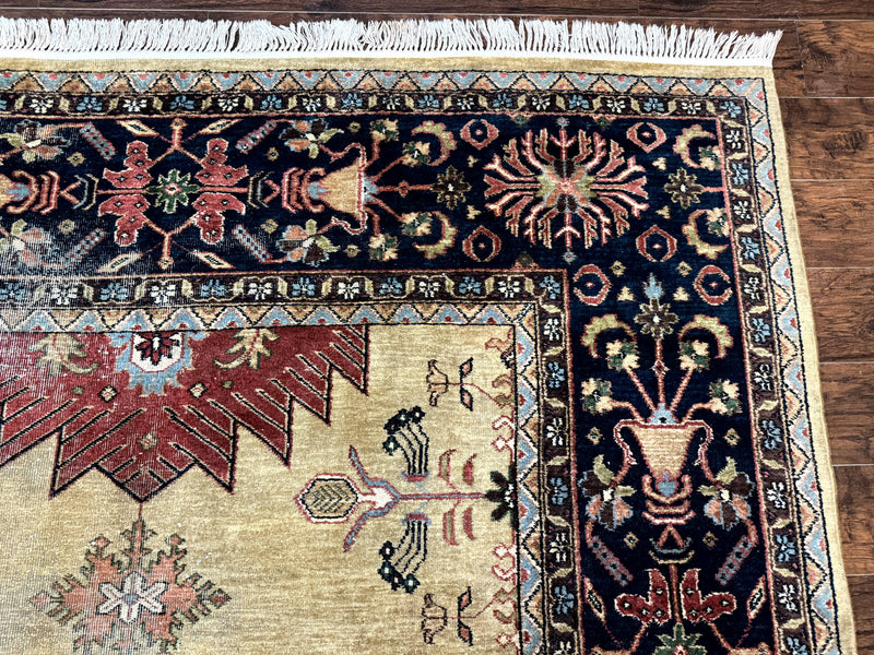 Indo Persian Heriz Rug 8x12, Camel Hair Tan and Navy Blue, Decorative by Jewel Rugs