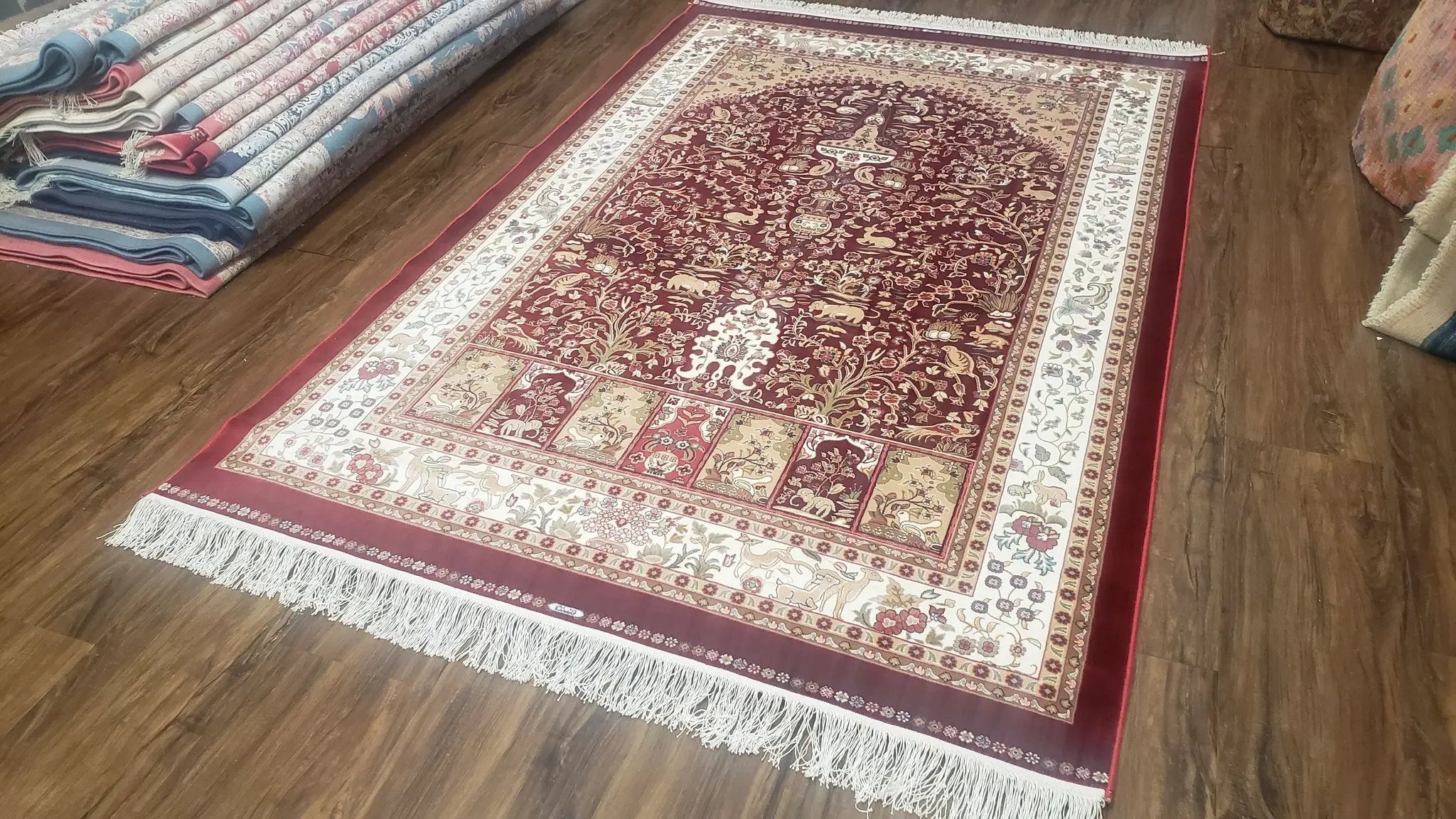 Silk Carpet 4x6 Dark Red & Cream, Tree of Life Rug, Animal Motifs, Birds Deer Rabbits, All Bamboo Silk, 4 x 6 Silk Area Rug by Jewel Rugs